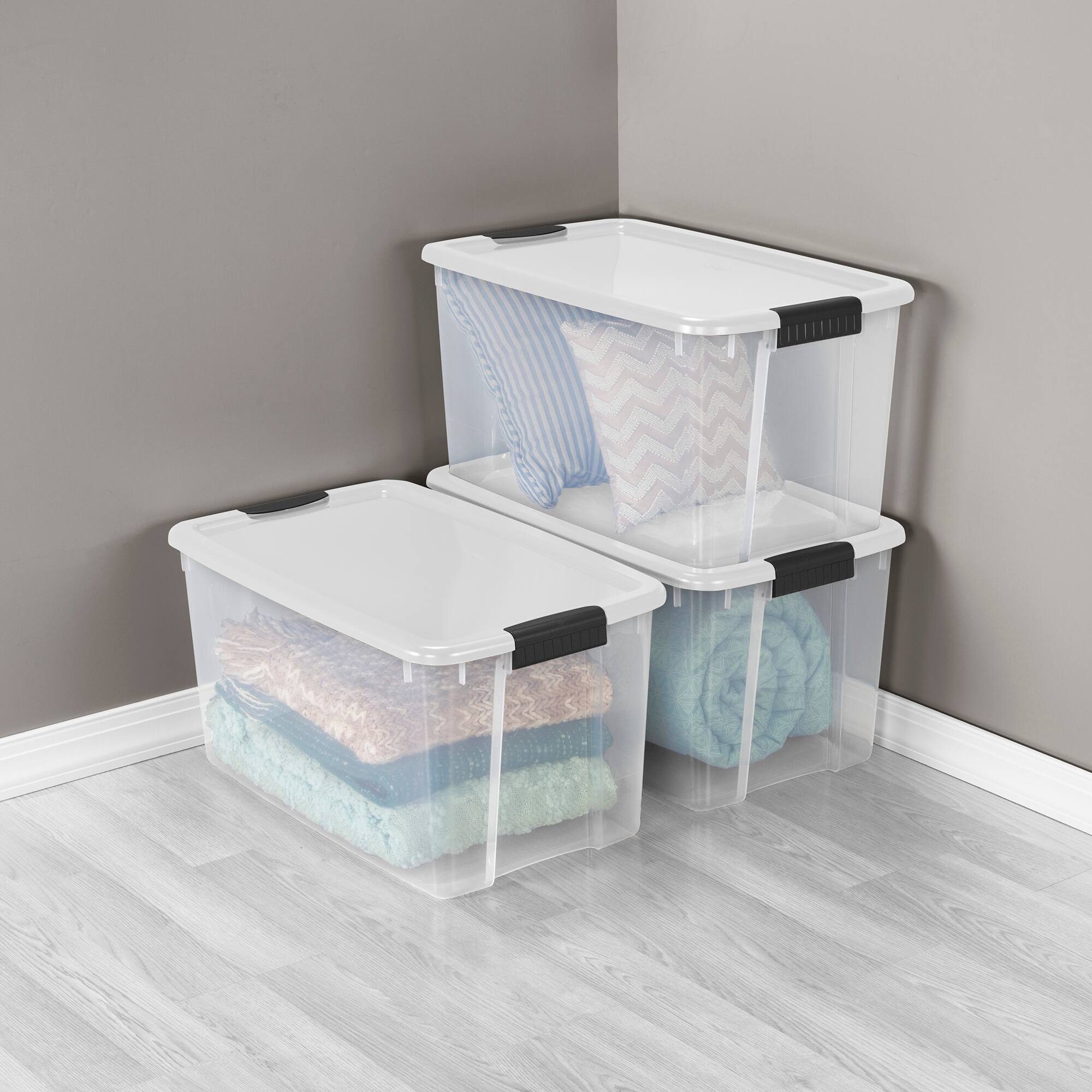Alt View 4. Sterilite - Sterilite 70 Qt Clear Plastic Stackable Storage Bin w/ White Latch Lid, 16 Pack.