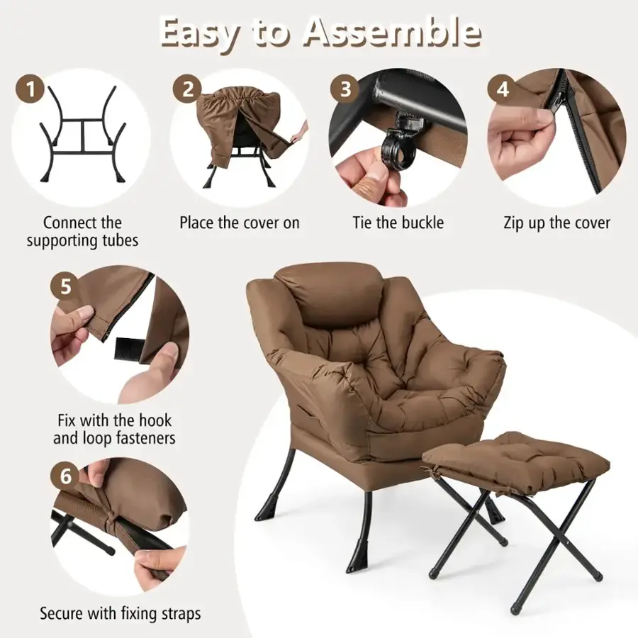 1. Easy to Assemble
2. Connect the supporting tubes
3. Place the cover on
4. Tie the buckle
5. Zip up the cover
6. Fix with the hook and loop fasteners
7. Secure with fixing straps