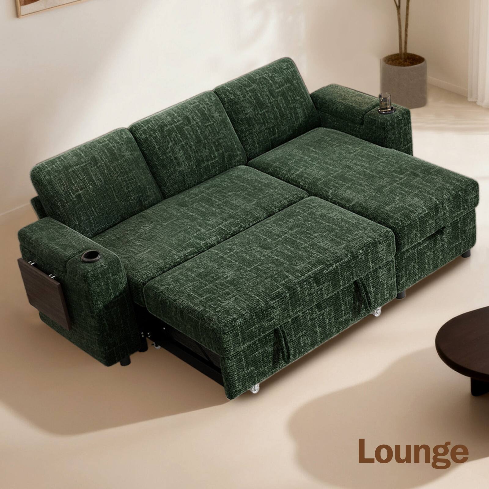 Left. Dyonery - Dyonery 85" Modular Sectional Sleeper Sofa with Pull Out Bed, 3 Seat L Shaped with Reclining Backrest,Chenille Green - Green.