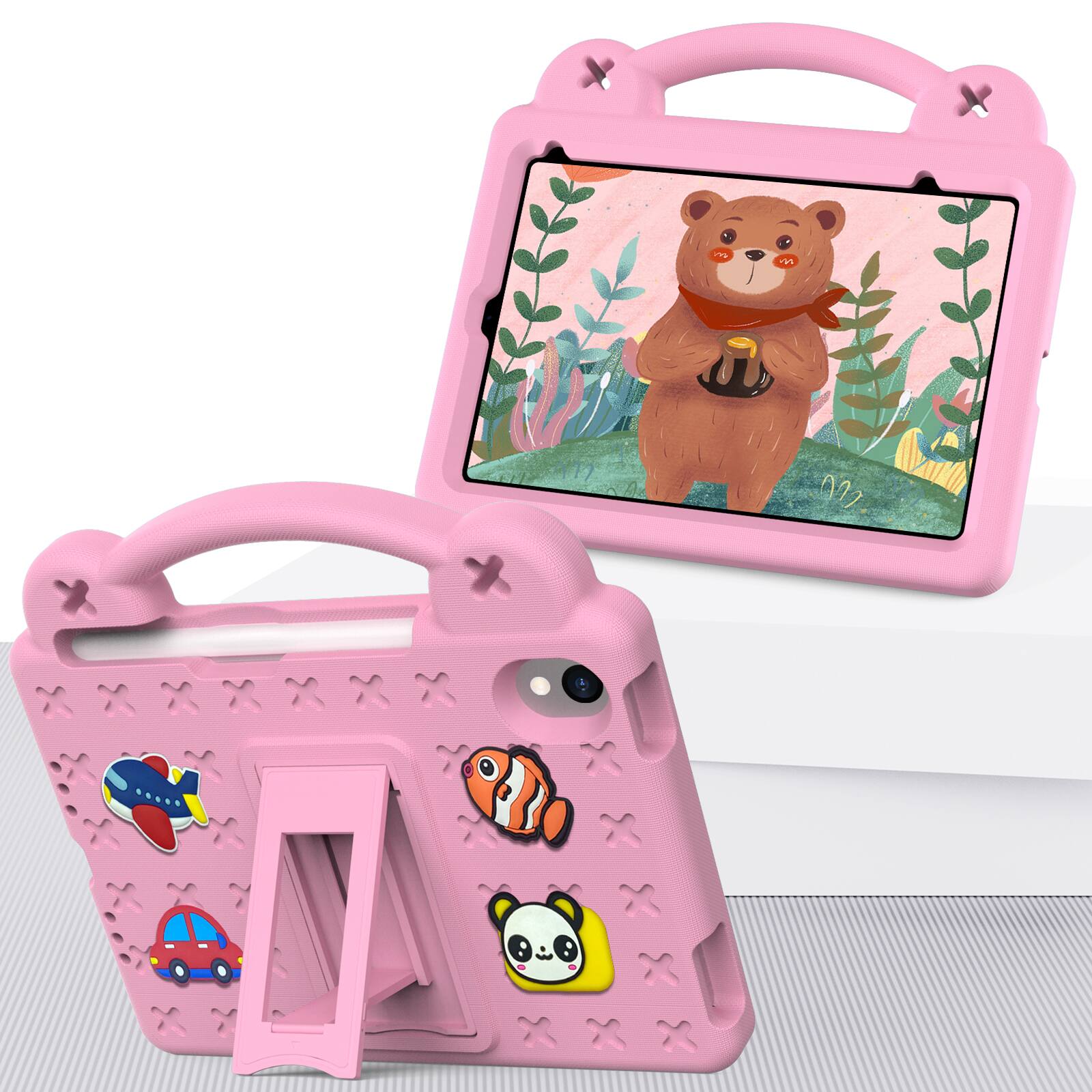 Angle. UUCOVER - Kids Case for iPad mini A17 Pro 8.3-inch 2024/iPad mini 6th Gen 2021,Shockproof EVA Case Handle Adjustable Stand Cover - Pink.