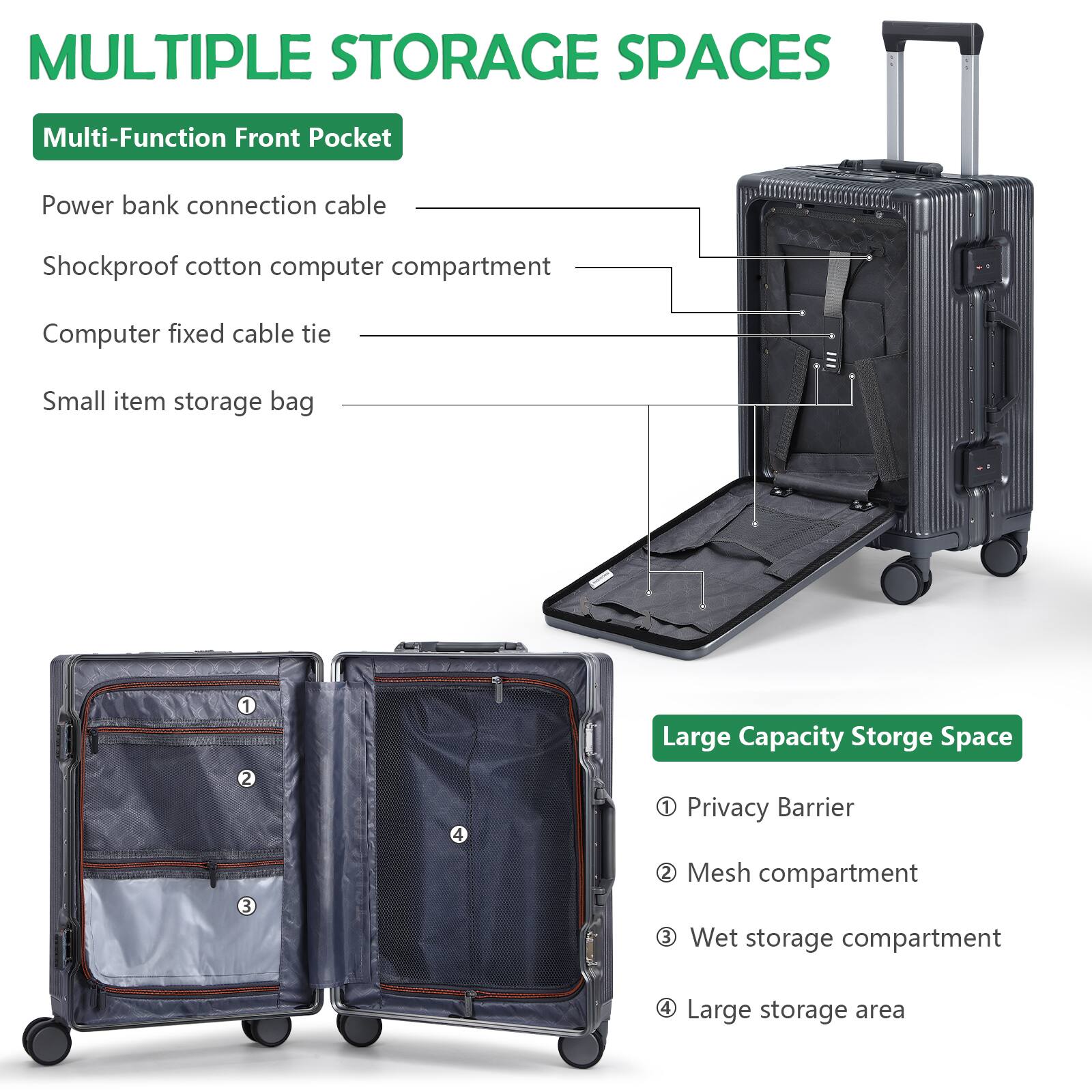 MULTIPLE STORAGE SPACES

Multi-Function Front Pocket
- Power bank connection cable
- Shockproof cotton computer compartment
- Computer fixed cable tie
- Small item storage bag

Large Capacity Storage Space
- Privacy Barrier
- Mesh compartment
- Wet storage compartment
- Large storage area