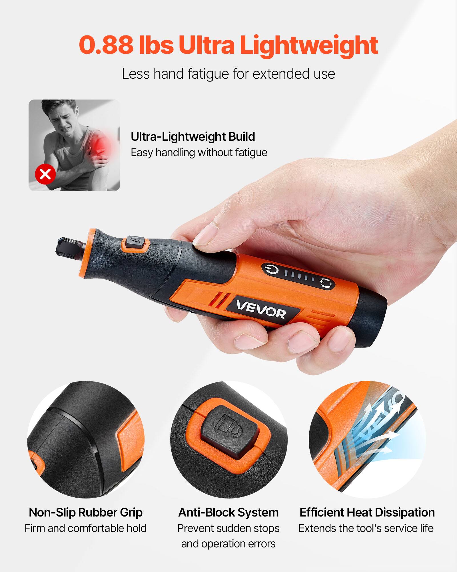 0.88 lbs Ultra Lightweight  
Less hand fatigue for extended use  

Ultra-Lightweight Build  
Easy handling without fatigue  

Non-Slip Rubber Grip  
Firm and comfortable hold  

Anti-Block System  
Prevent sudden stops and operation errors  

Efficient Heat Dissipation  
Extends the tool's service life