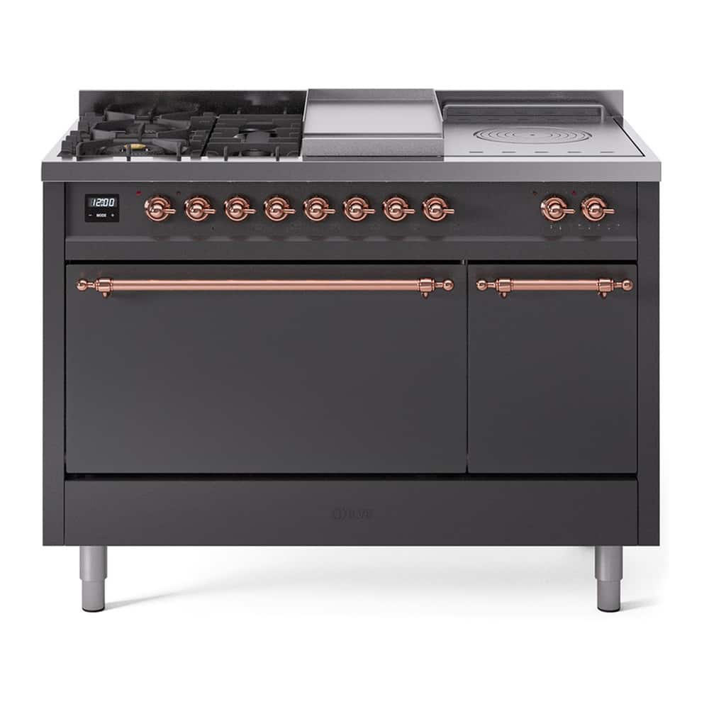 ILVE - Nostalgie II Series 48 in. Dual Fuel Range with 5 Sealed Burners + Griddle (Natural Gas, Copper Trim) - Graphite Matte