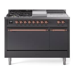ILVE - Nostalgie II Series 48 in. Dual Fuel Range with 5 Sealed Burners + Griddle (Natural Gas, Copper Trim) - Graphite Matte