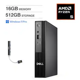 Dell - Pro Micro Mini Desktop (AMD Ryzen 5 8500GE, 16GB DDR5, 512GB PCIe SSD, AMD Radeon 740M, Win11Pro)w/USB Hub - Black