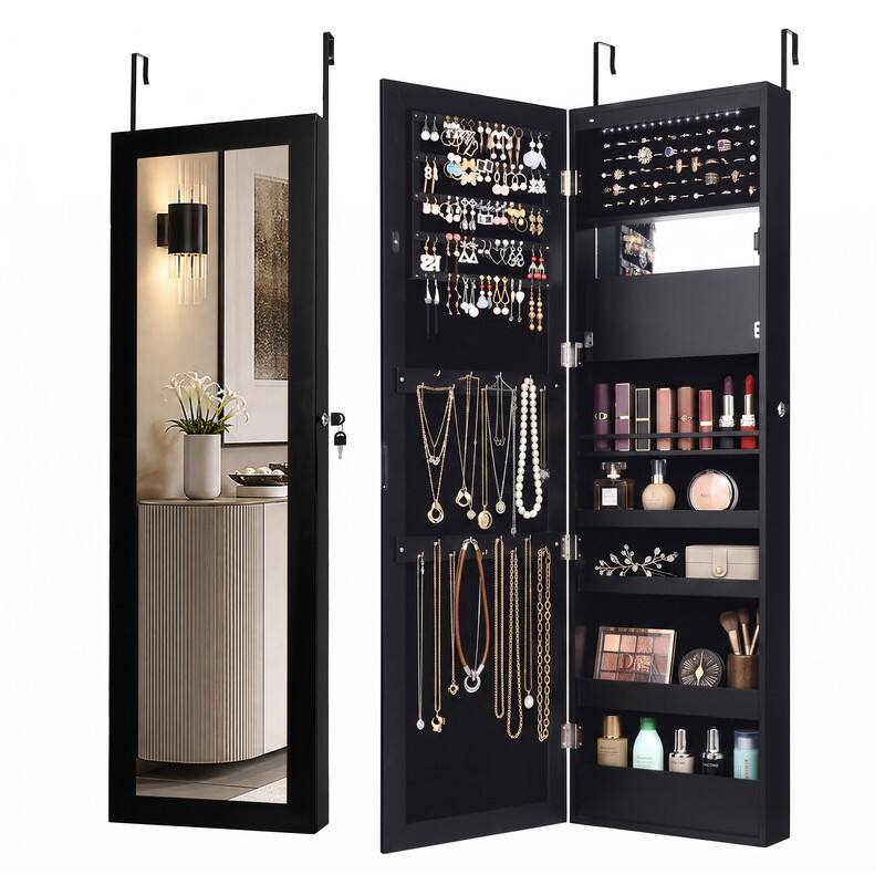 Angle. WELLFOR - Full-Length Mirror Jewelry Cabinet with LED Lights &Lockable,  Wall Door Mounted Jewelry Armoire Organizer - Brown.