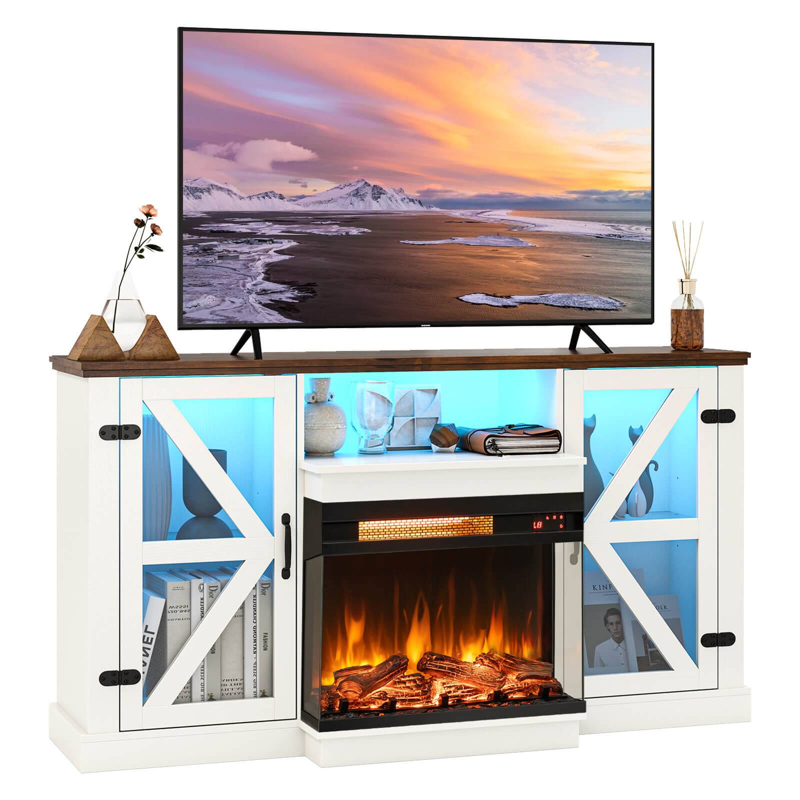Costway - 58" Fireplace TV stand with 23" 3-side glass electric fireplace 20 color led lights - White