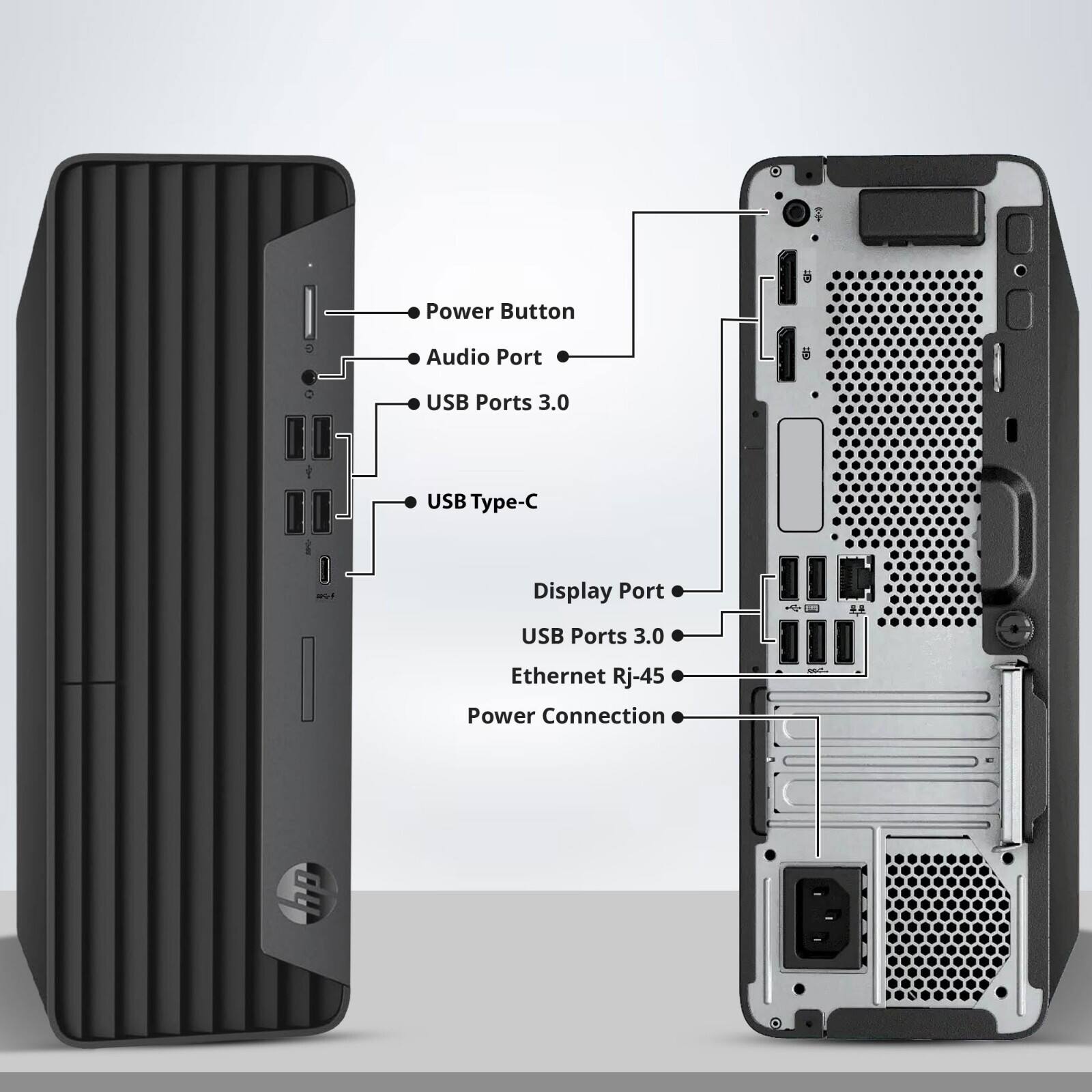 - Power Button
- Audio Port
- USB Ports 3.0
- USB Type-C
- Display Port
- USB Ports 3.0
- Ethernet RJ-45
- Power Connection