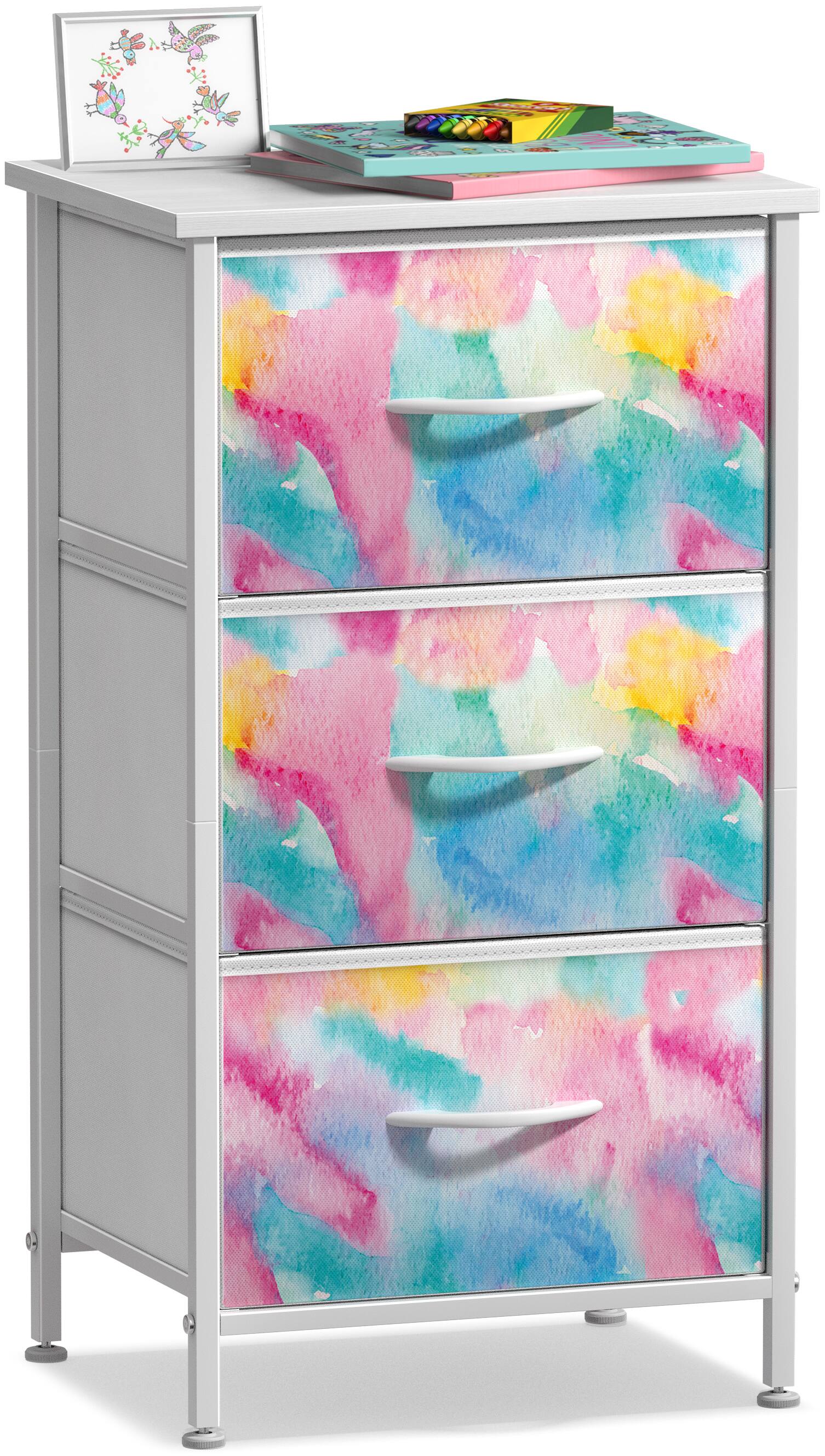 Sorbus - Nightstand with 3 Drawers - Steel Frame, Wood Top &Fabric Bins -Home, Bedroom, Office & College Dorm, Bedside - Watermelon Tie-Dye