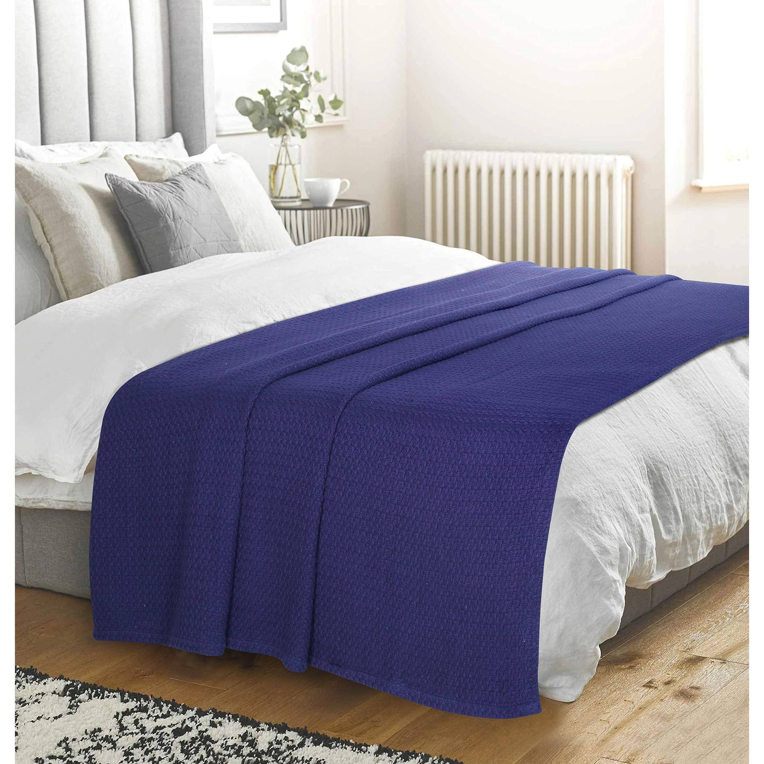 Alt View 4. Dapper Styles - Elvana Home Cotton Bed Blanket Breathable Blankets For Layering Any All Season Navy - Beige-King (102"x90").