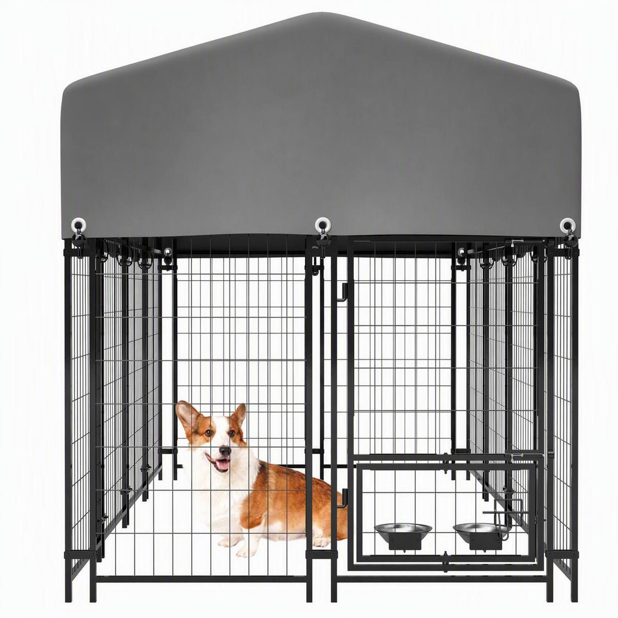 Front. RYHNUYNE - Outdoor Dog Kennel with Roof, 4.23x7.81x4.83ft Heavy Duty Welded Wire Enclosure.