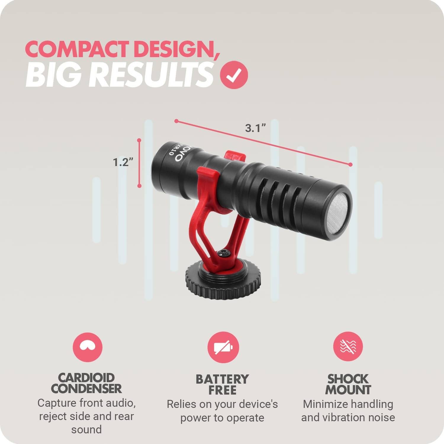 COMPACT DESIGN, BIG RESULTS

1.2" KR10 OVO 3.1" CARDIOID CONDENSER

- CARDIOID CONDENSER
  Capture front audio, reject side and rear sound

- BATTERY FREE
  Relies on your device's power to operate

- SHOCK MOUNT
  Minimize handling and vibration noise