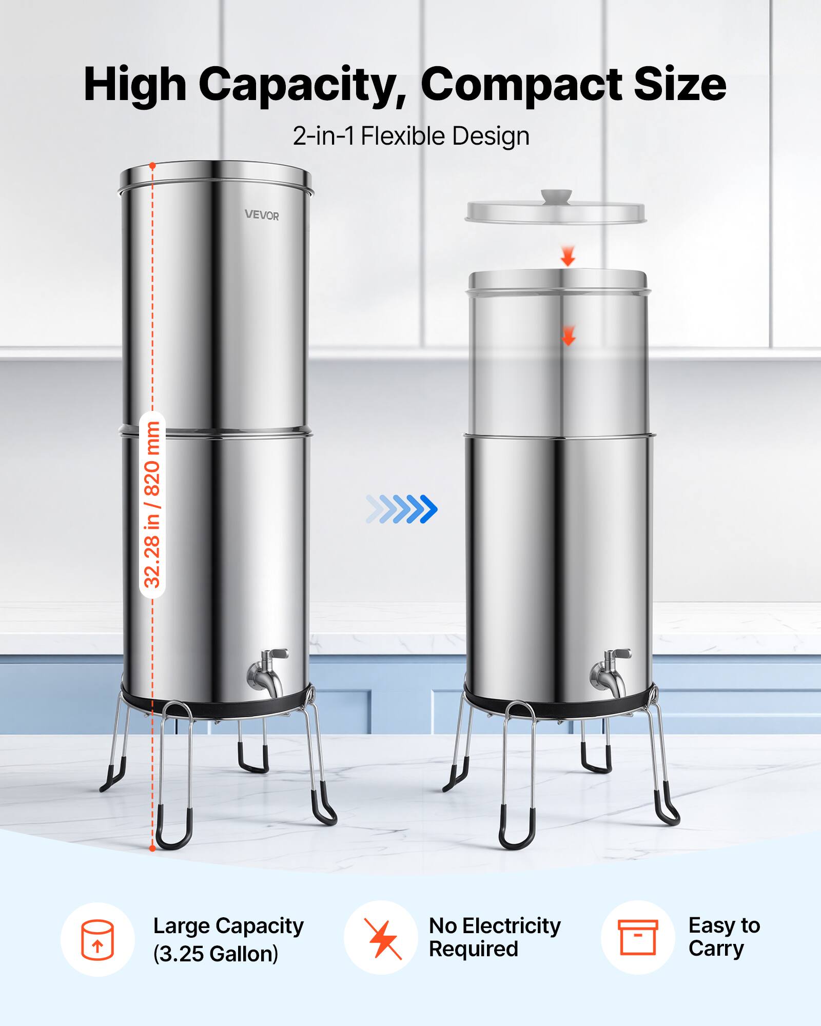 High Capacity, Compact Size  
2-in-1 Flexible Design  
VEVOR  
32.28 in / 820 mm  
Large Capacity (3.25 Gallon)  
No Electricity Required  
Easy to Carry