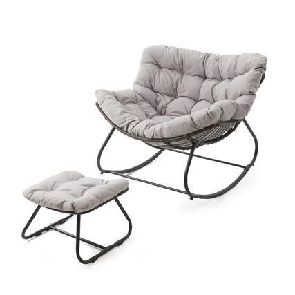 Front. Mondawe - Wicker Egg Rocking Chair with Ottoman and Cushions - Light Gray.