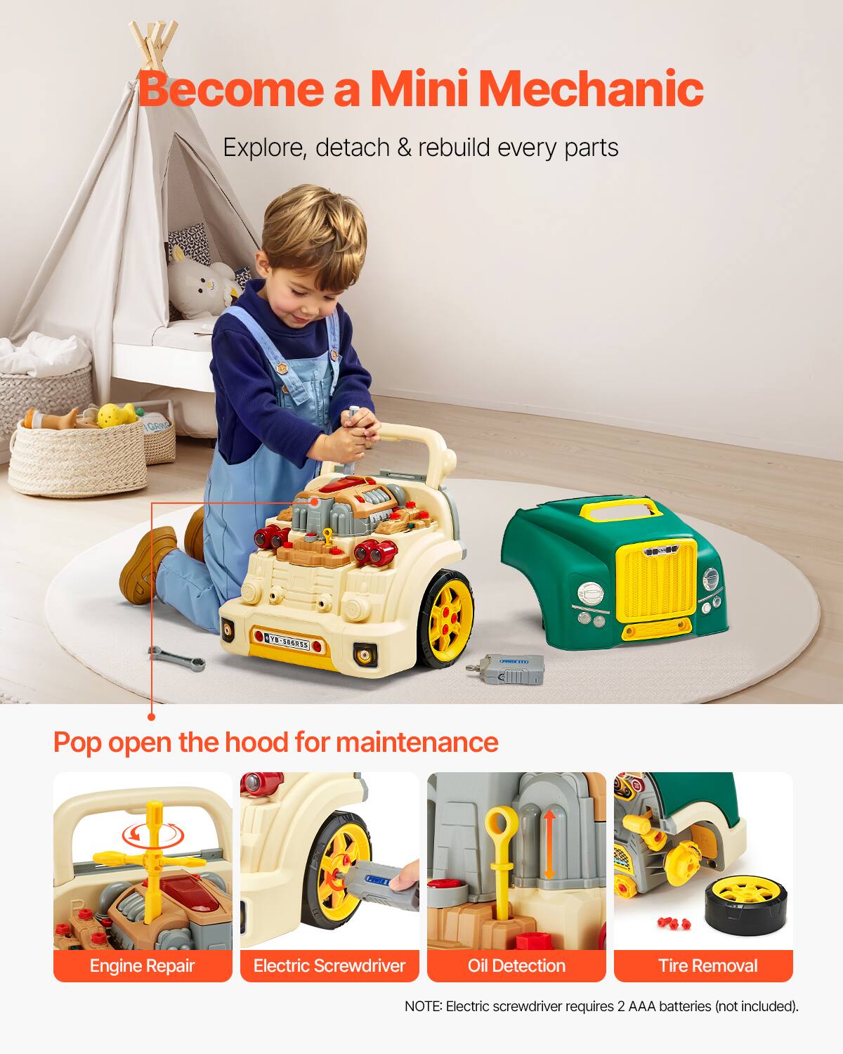 Become a Mini Mechanic  
Explore, detach & rebuild every parts  

Pop open the hood for maintenance  

Engine Repair  
Electric Screwdriver  
Oil Detection  
Tire Removal  

NOTE: Electric screwdriver requires 2 AAA batteries (not included).