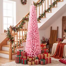 Gymax - 7FT Flocked Pencil Christmas Tree 575 Full Branch Tips & Folding Metal Stand - Pink