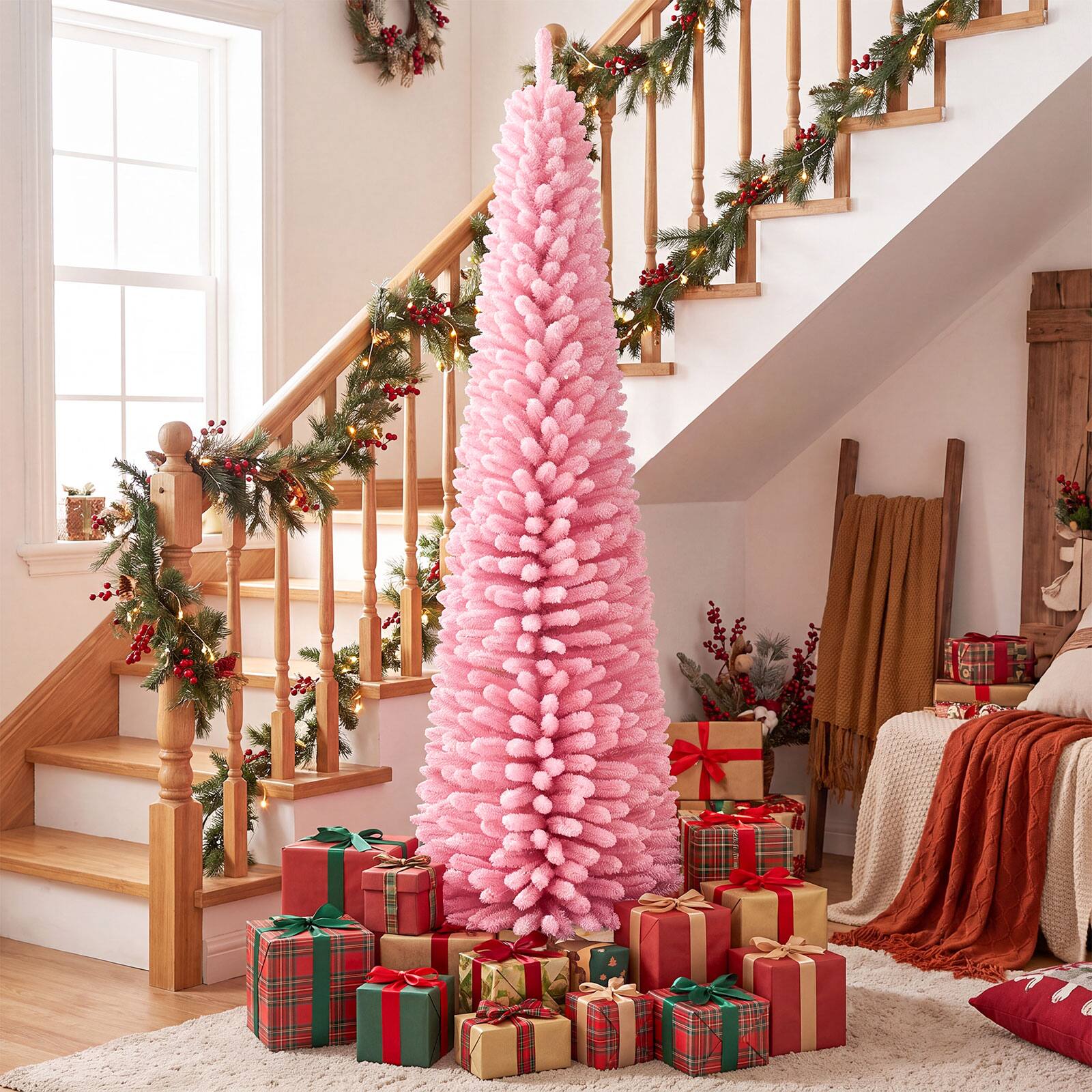 Gymax 7FT Flocked Pencil Christmas Tree 575 Full Branch Tips & Folding ...