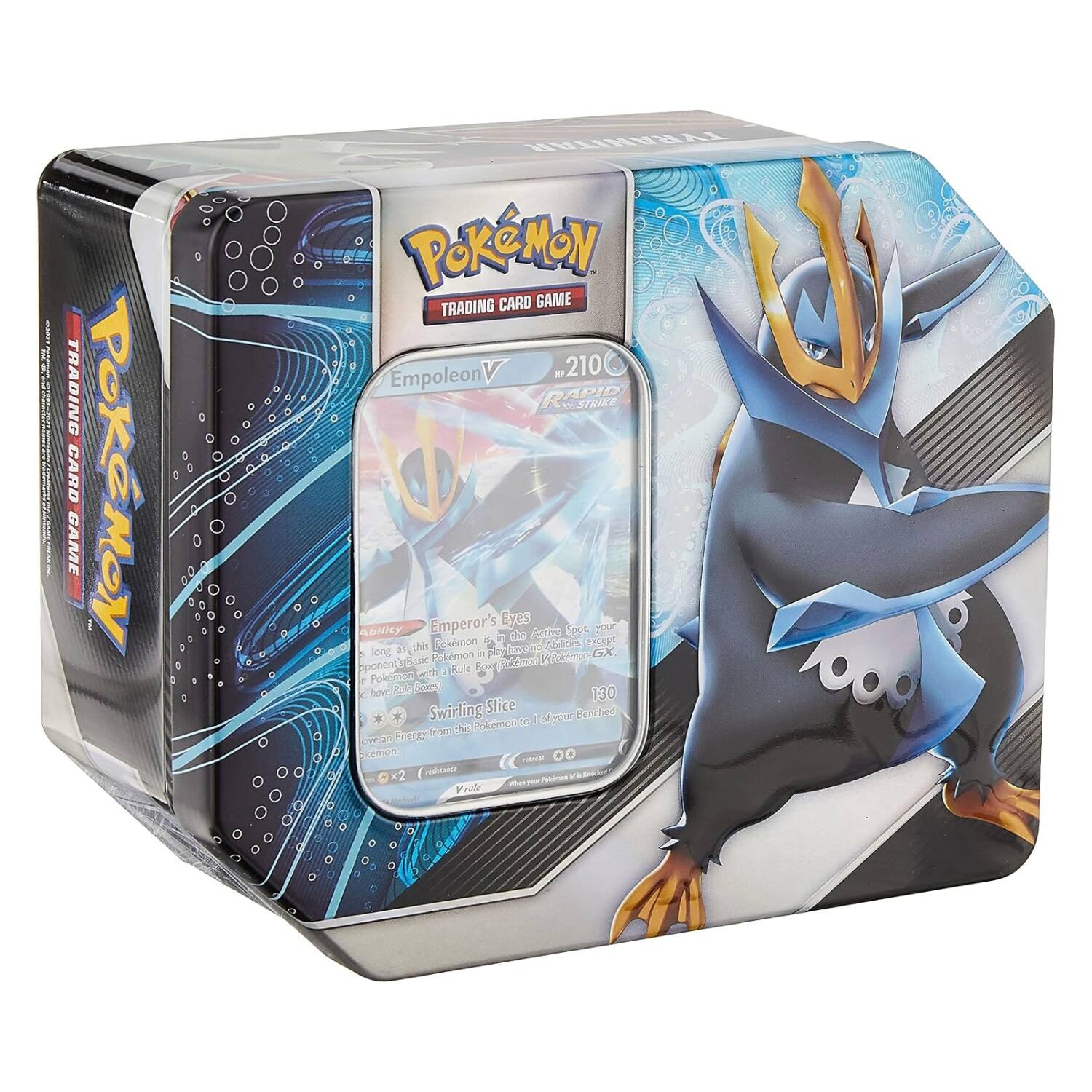TRADING CARD GAME  
POKEMON  
TYRANITAR POKEMON GAME TRADING CARD  
Empoleon V  
210 RAPID STRIKE  
Emperor's Eyes  
Spot your Ability  
Active Pokémon is except 25 this pair no Abilities, long Pokémon in play  
Pokémon-GX, opponent's/Basic Pokémon with a Rule Box  
130 Swirling Slice  
Benched Pokémon to off your from this eve an Energy  
Pokémon neeps x2 resistance  
Klet - Polamin Vrole
