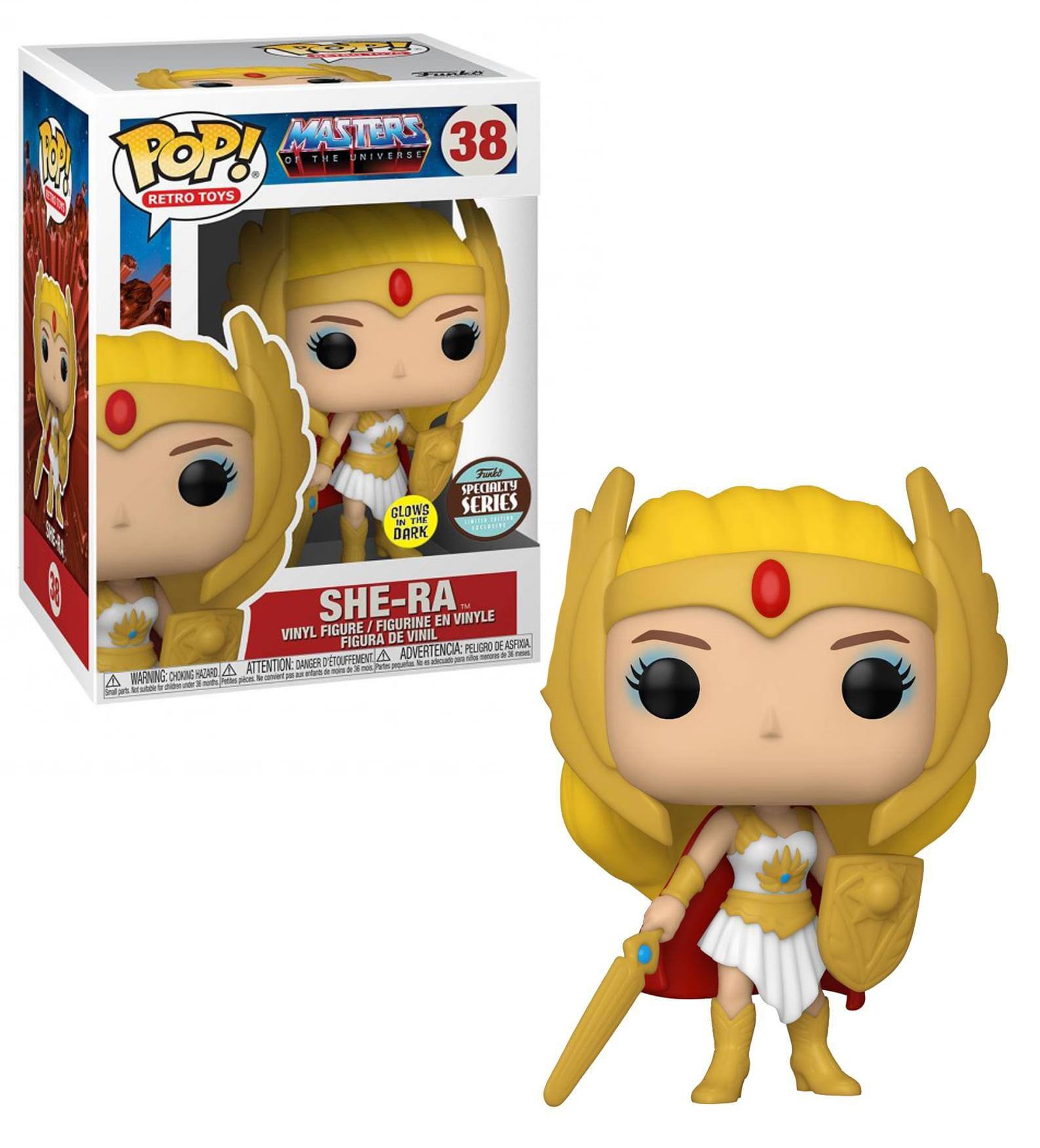 **POP! Masters of the Universe Retro Toys**

**38**

**She-Ra**

**Specialty Series**

**Glow in the Dark**

**Vinyl Figure / Figurine en Vinyle / Figura de Vinil**

**Warning: Choking Hazard - Small parts. Not for children under 3 years.**

**Attention: Danger - Petite pièce. Ne convient pas aux enfants de moins de 3 ans.**

**Advertencia: Peligro - Piezas pequeñas. No es adecuado para niños menores de 3 años.**