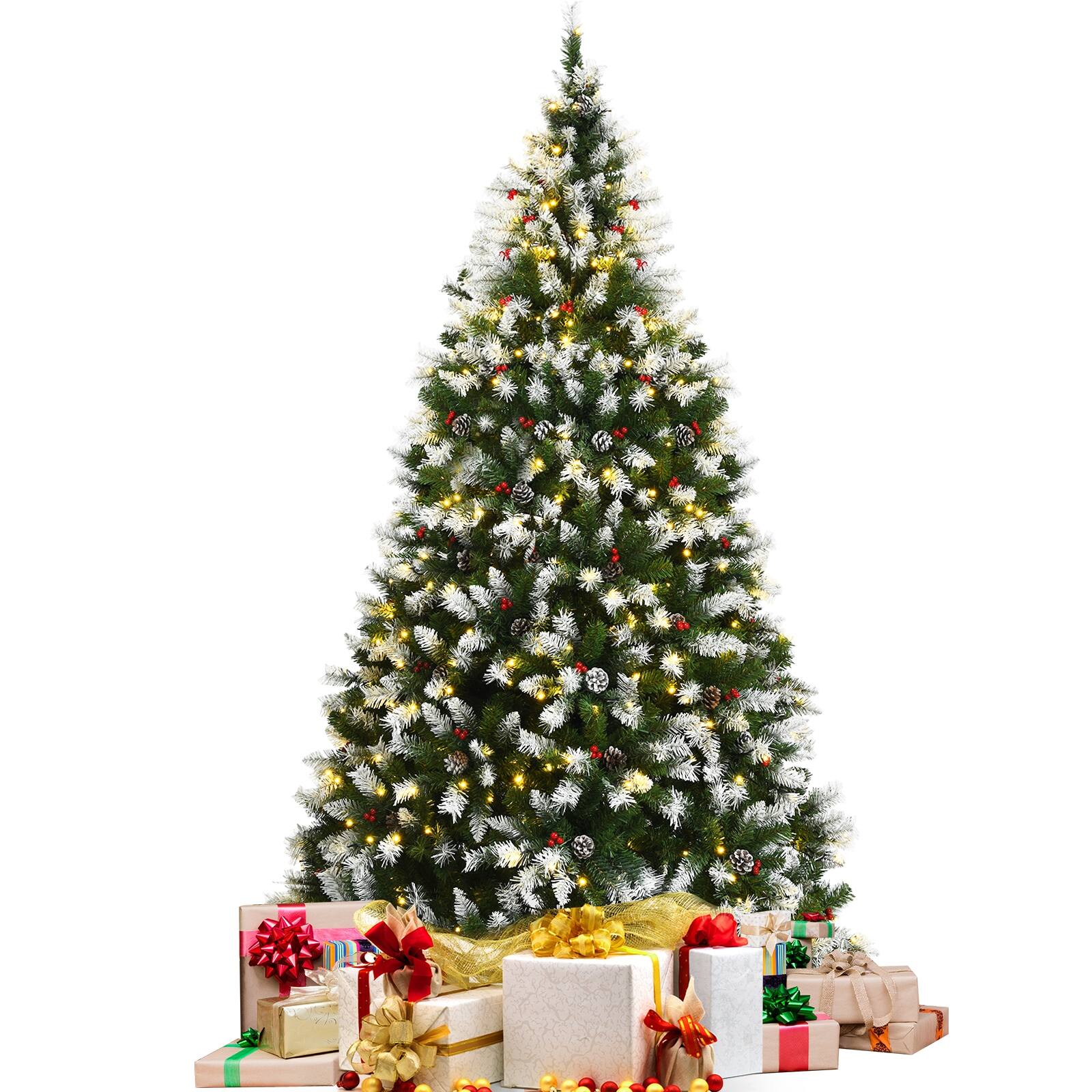 Front. Ecooso - 7.5ft Pre-Lit Artificial Christmas Tree Snow Flocked with Red Berries for Holiday Homes - Green.