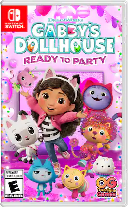 Dreamworks Nintendo SwitchTM Gabby's Dollhouse Ready to Party. Everyone, from kids to adults, can enjoy this game. ESRB rating: OG Outright Games. - E (Everyone)