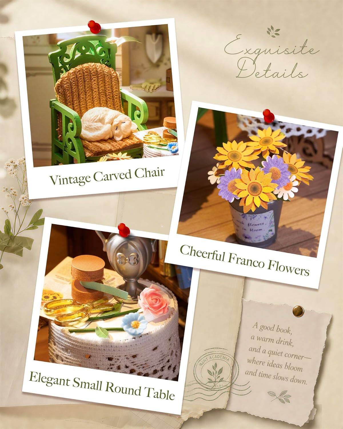 Vintage Carved Chair  
Exquisite Details  
Cheerful Franco Flowers  
Elegant Small Round Table  
A good book, a warm drink, and a quiet corner—where ideas bloom and time slows down.