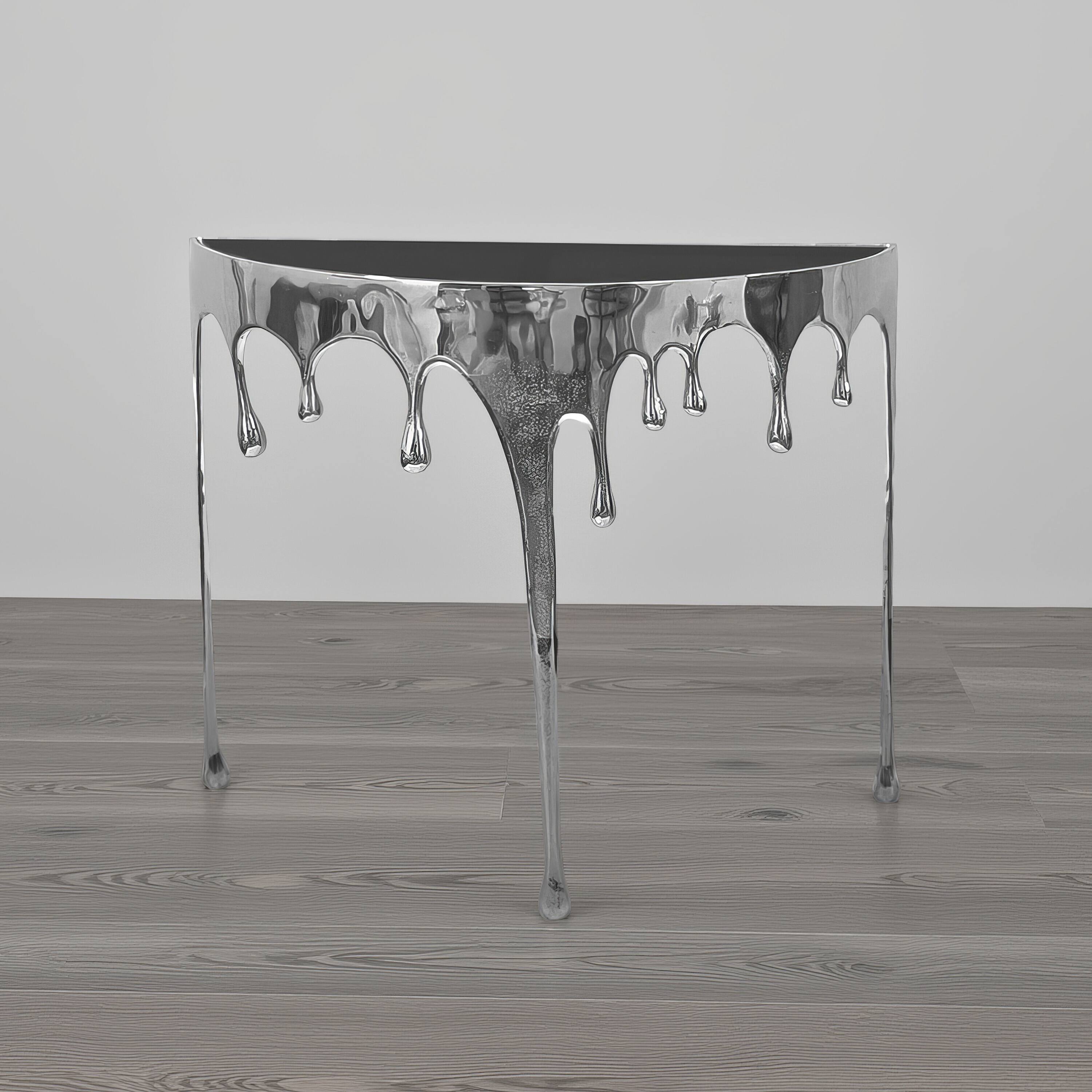 Alt View 8. Manhattan Lane - Capri Sofa Console Table | 36.25" Half Moon Glass Top | Melting Drip Design - Silver, Black.
