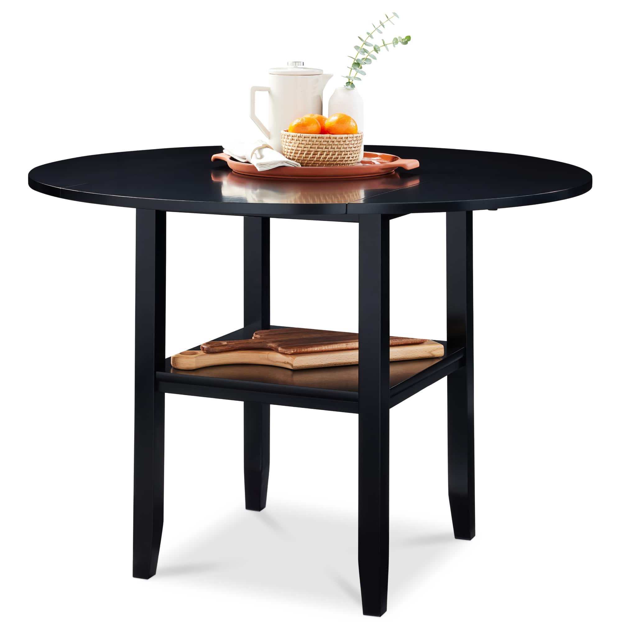 Best Choice Products - 42" Round Drop Leaf Dining Table For 4, Solid Wood Expandable Table W/ Storage Shelf - Black