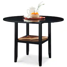 Best Choice Products - 42" Round Drop Leaf Dining Table For 4, Solid Wood Expandable Table W/ Storage Shelf - Black