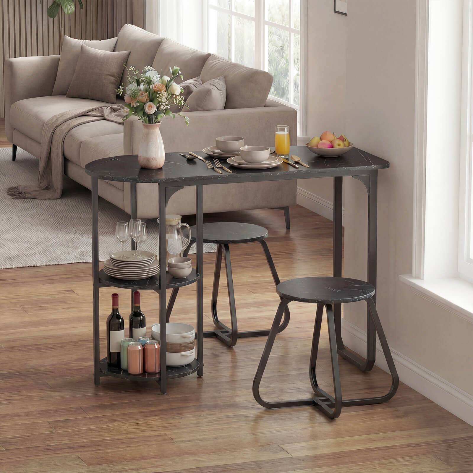 Alt View 1. Costway - Costway Rectangular Kitchen Table & 2 Stools with 2-tier Storage Shelves & Metal Legs - Black.