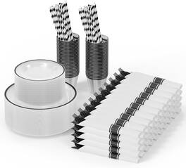 Winado - 400 Piece Disposable Dinnerware Set with Plates, Cups, Napkins & Cutlery for 50 Guests, Clear Plastic Plates for Party - Black