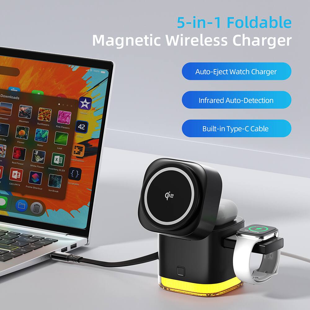 5-in-1 Foldable Magnetic Wireless Charger - 10% Auto-Eject Watch Charger Downloads Infrared Auto-Detection Built-in Type-C Cable