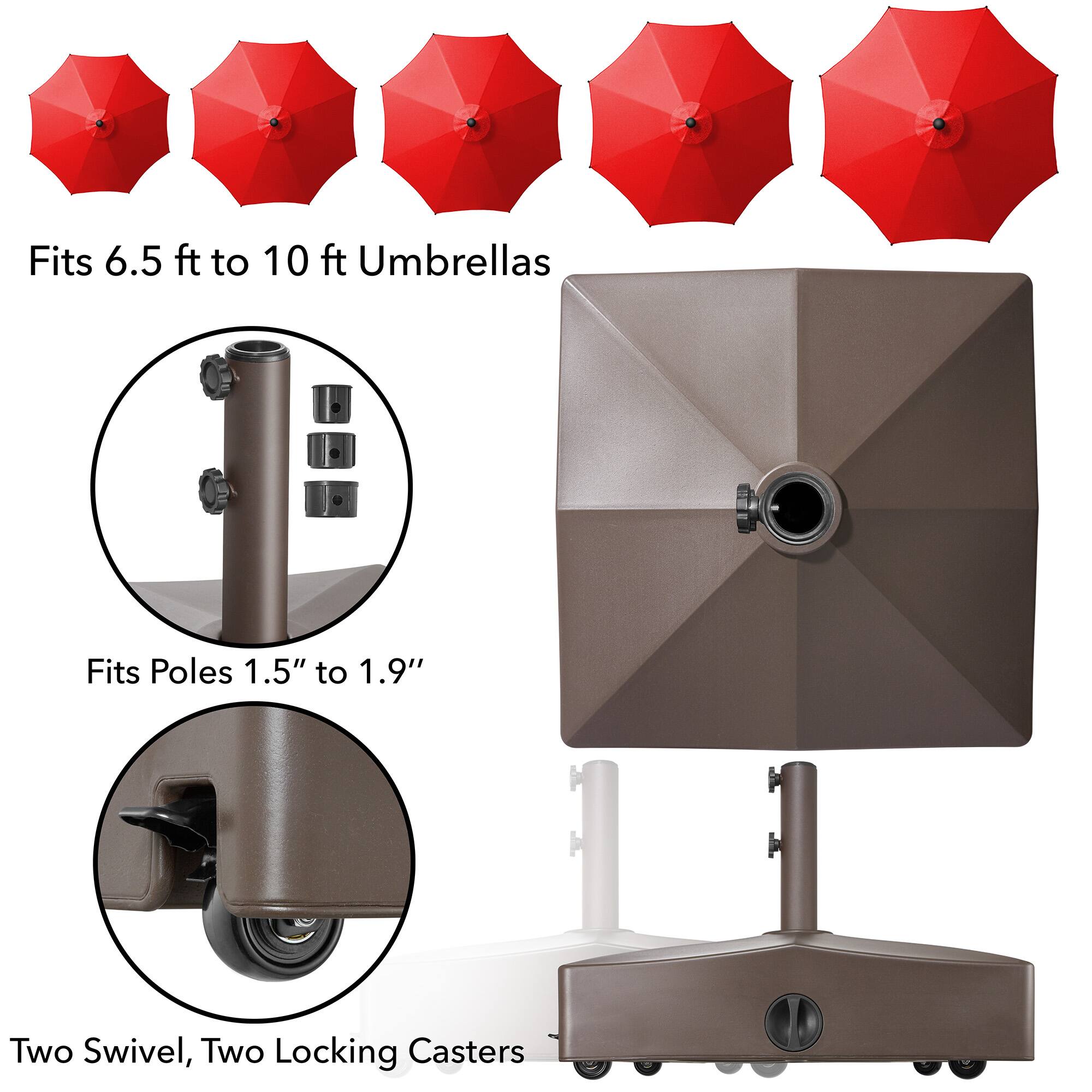 Fits 6.5 ft to 10 ft Umbrellas  
Fits Poles 1.5" to 1.9"  
Two Swivel, Two Locking Casters