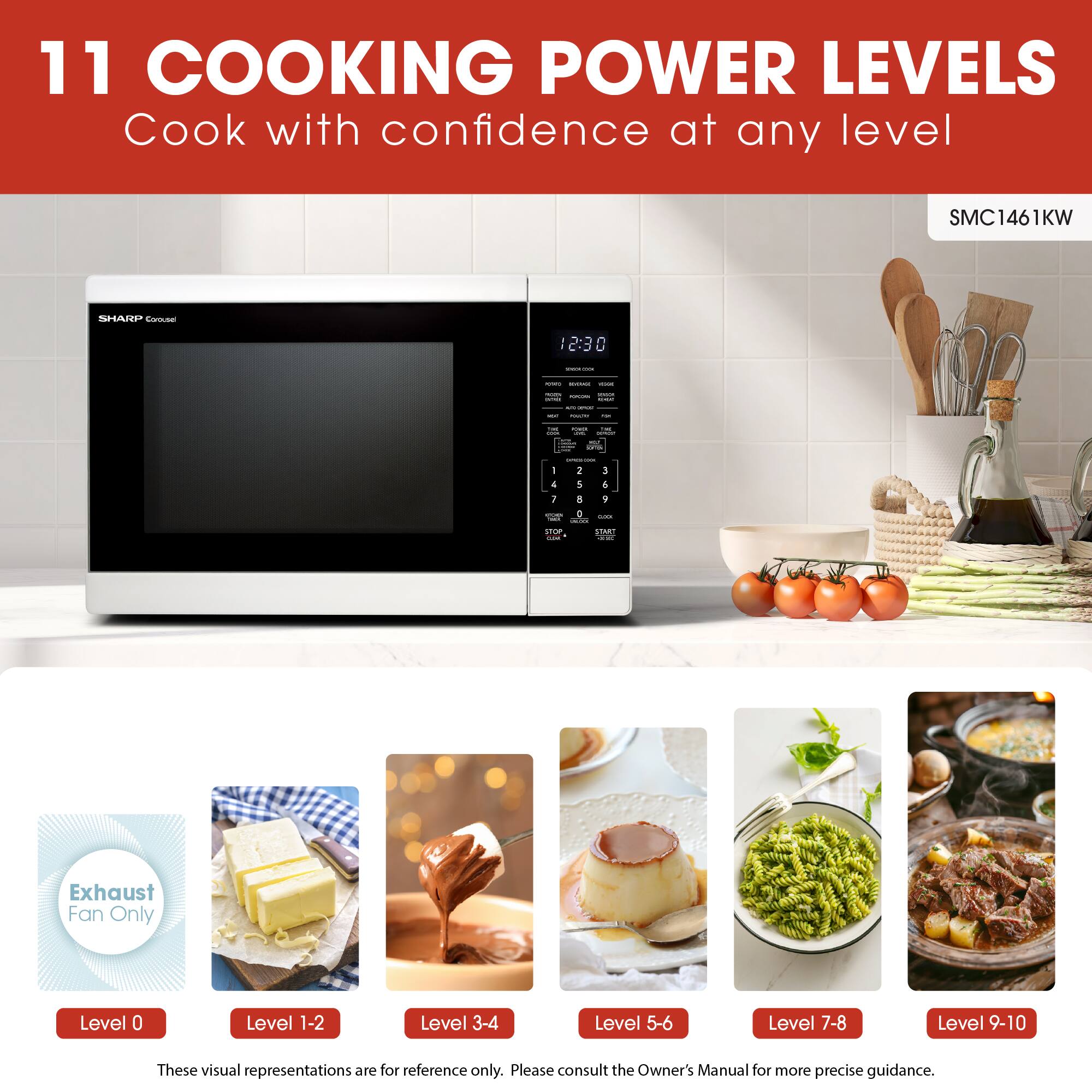 11 COOKING POWER LEVELS
Cook with confidence at any level

SMC1461KW SHARP

Exhaust Fan Only
Level 0

Level 1-2

Level 3-4

Level 5-6

Level 7-8

Level 9-10

These visual representations are for reference only. Please consult the Owner's Manual for more precise guidance.
