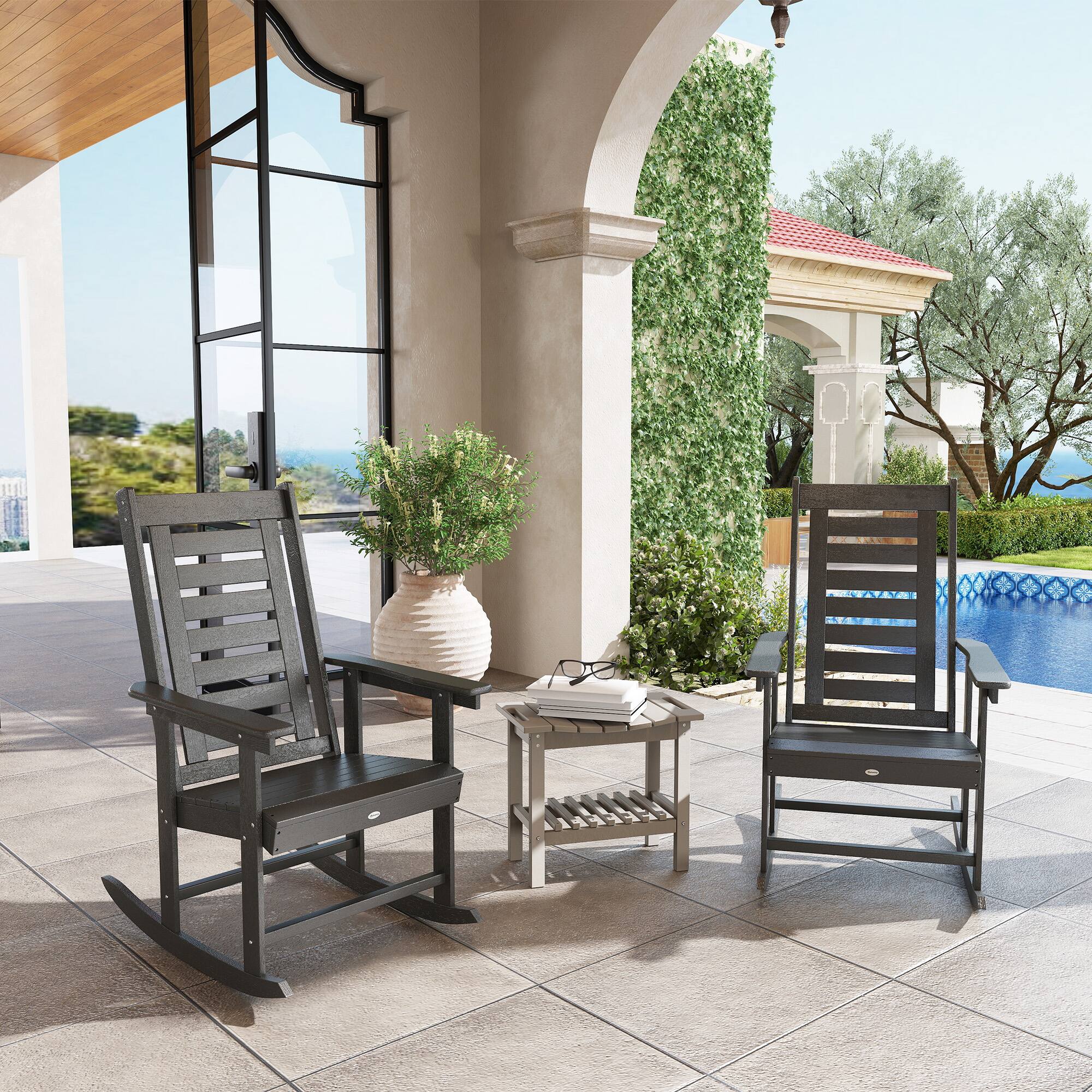 Angle. Outsunny - Outdoor Rocking Chairs Set of 2, HDPE Patio Rocking Chairs with 28" High Back and Wide Armrests - Dark Gray.