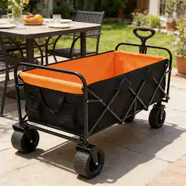 Whisen - Outdoor Wagon & Garden Cart, Large Capacity Folding Utility Wagon w/ Wide Wheels & Adjustable Handle - Black | Orange