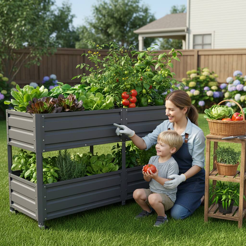 Angle. Loheer - Loheer Dual Tier Elevated Metal Raised Garden Bed with Wheels Staggered Planter Box for Outdoor Patio Grey.