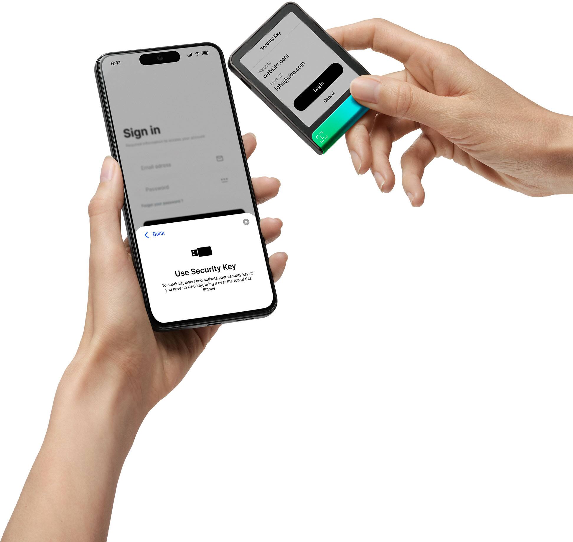 9:21 Security Key Webshe websnte.com john@doe.com User Login Cancel Sign in Back Security Key Use Security Key To continue, insert your security key if you have one here. If you have an iPhone.