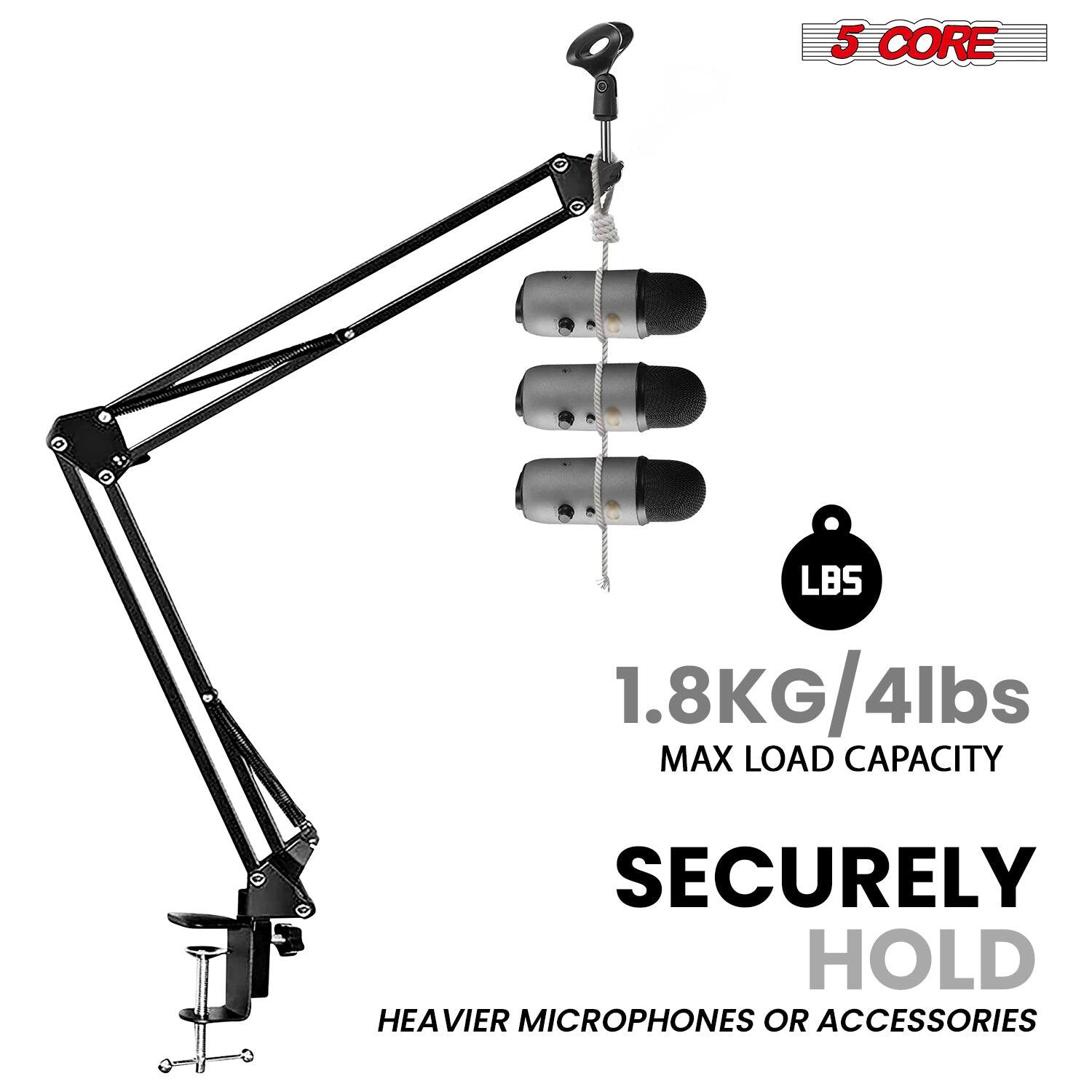 The text on the image can be grouped and corrected as follows:

- **5 CORE LBS**
- **1.8KG/4lbs MAX LOAD CAPACITY**
- **SECURELY HOLD HEAVIER MICROPHONES OR ACCESSORIES**

This indicates that the product has a maximum load capacity of 1.8 kilograms (4 pounds) and is designed to securely hold heavier microphones or accessories.