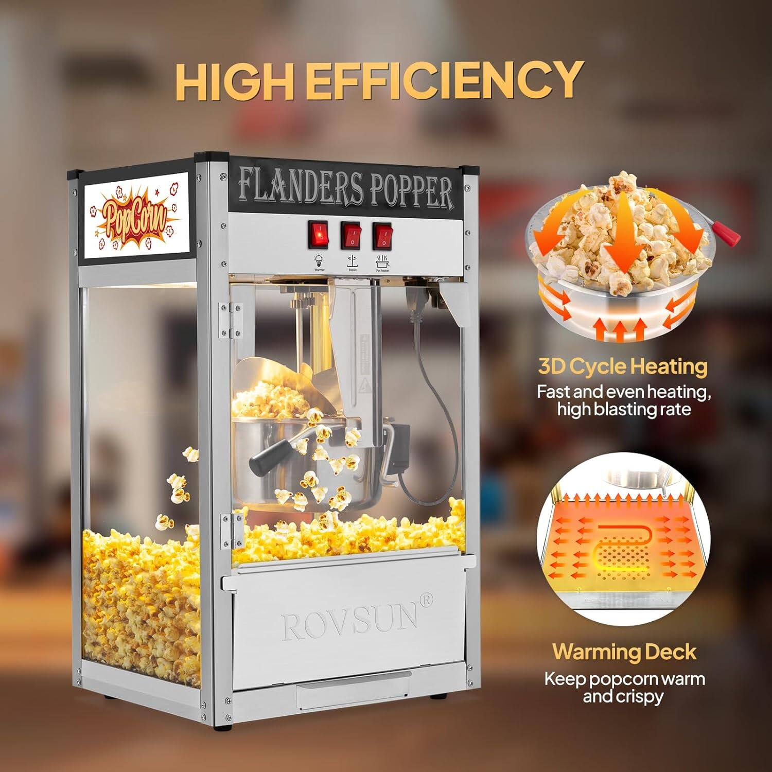 HIGH EFFICIENCY

FLANDERS POPPER

3D Cycle Heating
Fast and even heating, high blasting rate

Warming Deck
Keep popcorn warm and crispy
