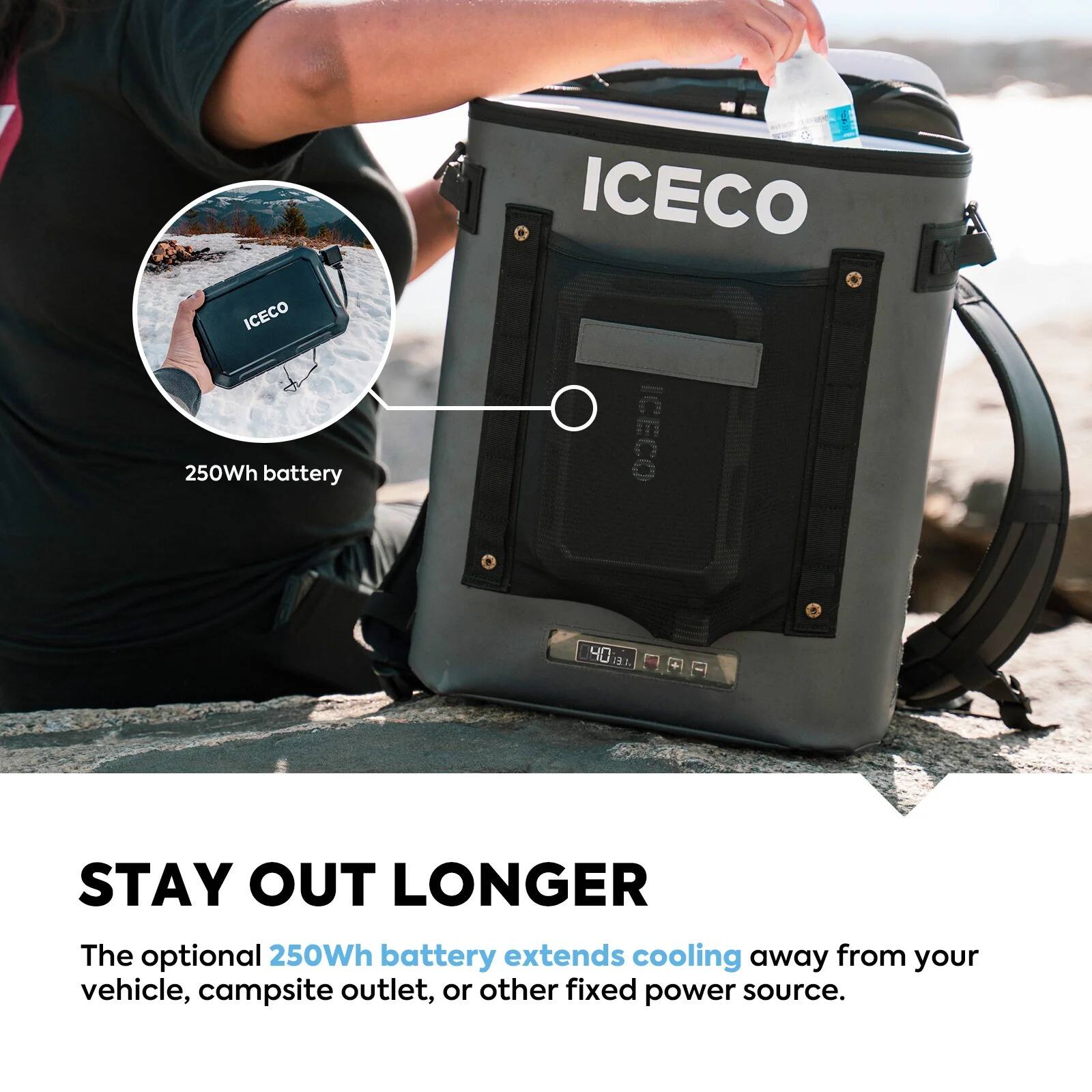 ICECO 250Wh battery

ICECO ICECO

40 EX

STAY OUT LONGER
The optional 250Wh battery extends cooling away from your vehicle, campsite outlet, or other fixed power source.