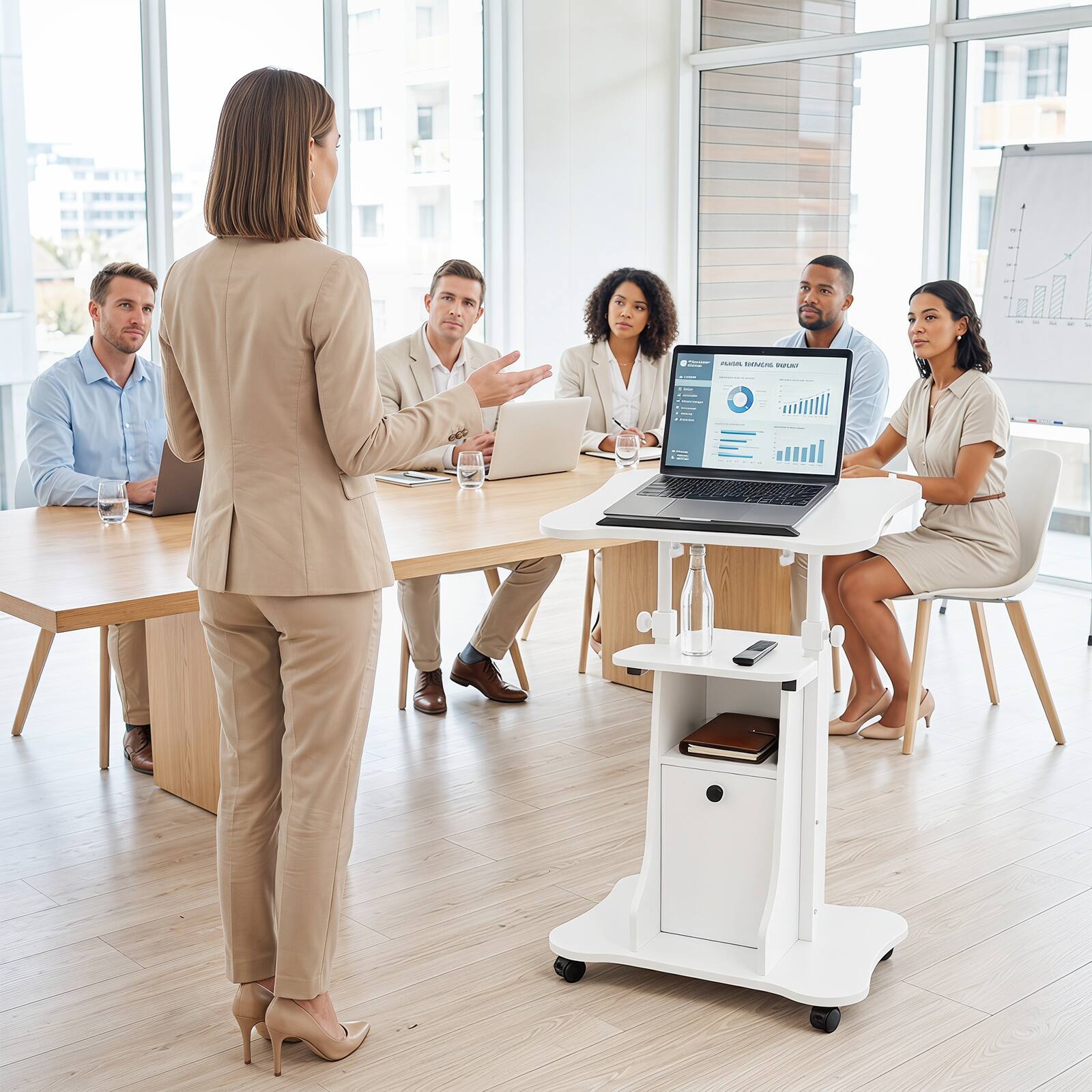 Alt View 4. Costway - Costway Mobile Podium Stand Office Laptop Cart with Storage Adjustable Height - White.