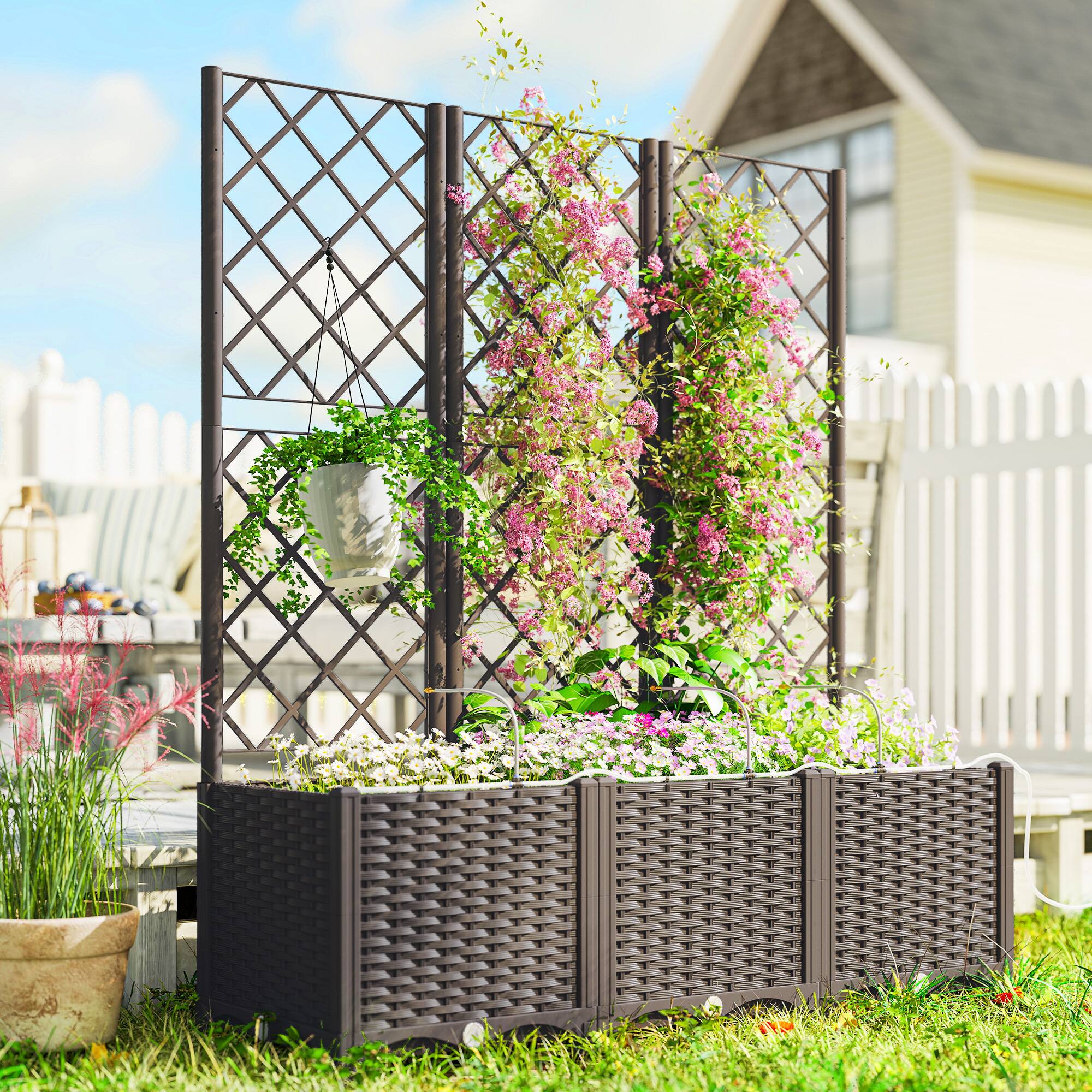 Alt View 8. Outsunny - 3PCS Plastic Planter Box with Trellis, Self-Watering Raised Garden Bed with Trellis and Automatic Watering Timer Kit.