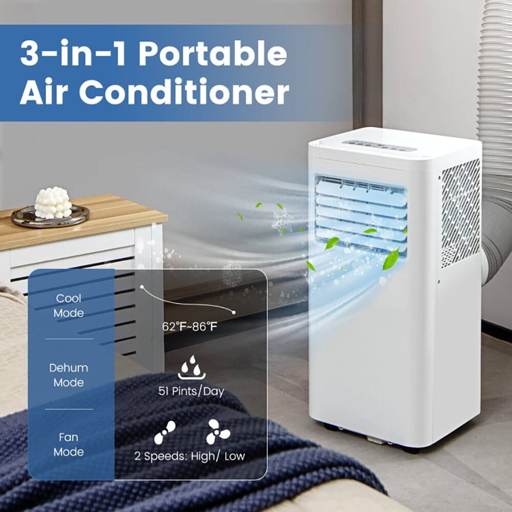 3-in-1 Portable Air Conditioner  
Cool Mode: 62°F~86°F  
Dehum Mode: 51 Pints/Day  
Fan Mode: 2 Speeds (High/Low)