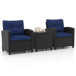 Gymax - 3 PCS Patio Furniture Set w/Tempered Glass Coffee Table Washable Cushions - Navy