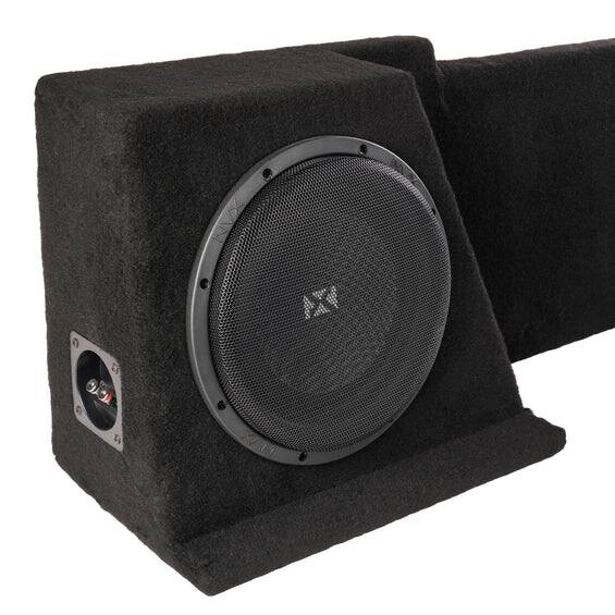 Left. NVX - BOOST Box Custom Fit 10" 700W RMS Loaded Sealed Subwoofer Enclosure for 2008-2013 Chevrolet Silverado and GMC Sierra - Black.