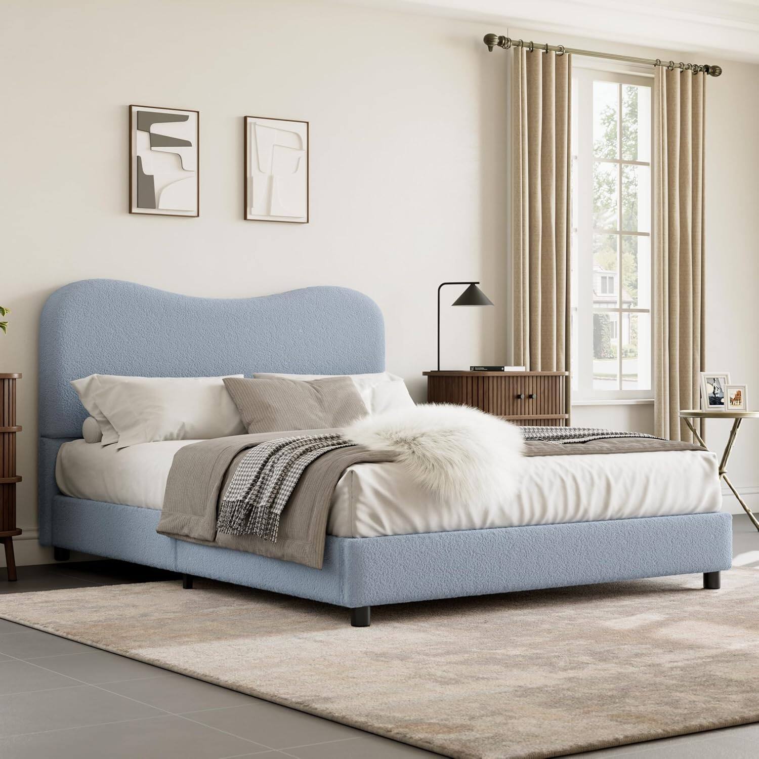 Alt View 1. Qeetex - Upholstered Kids Bed Frame with Soft Boucle Fabric Headboard, Wooden Slats Support, Low Profile Frame - Blue.