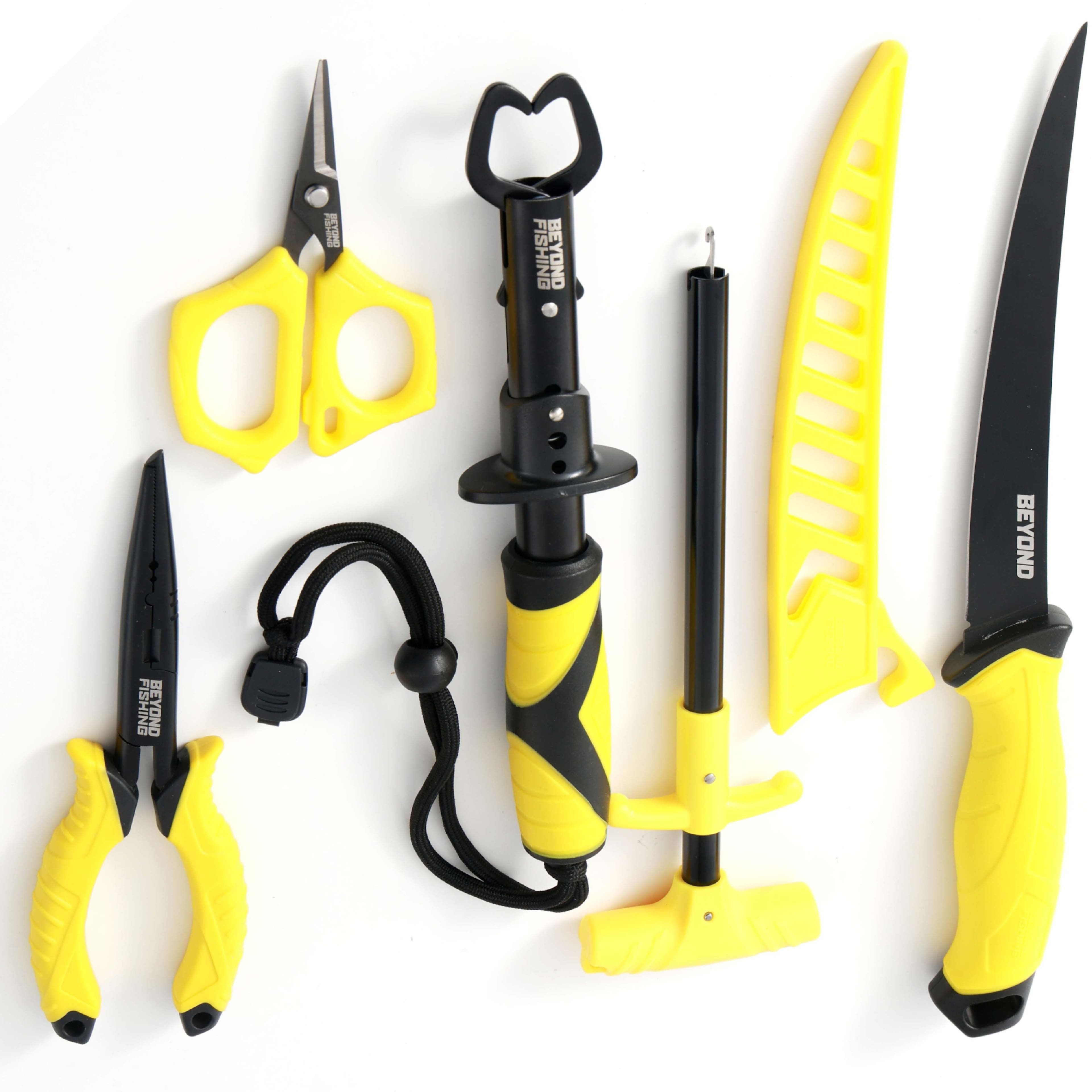 Beyond Braid - Beyond Fishing 5-Piece Fishing Tool Kit - Pliers, Fillet Knife, Hook Remover, Lip Gripper, Braid Scissors - Yellow