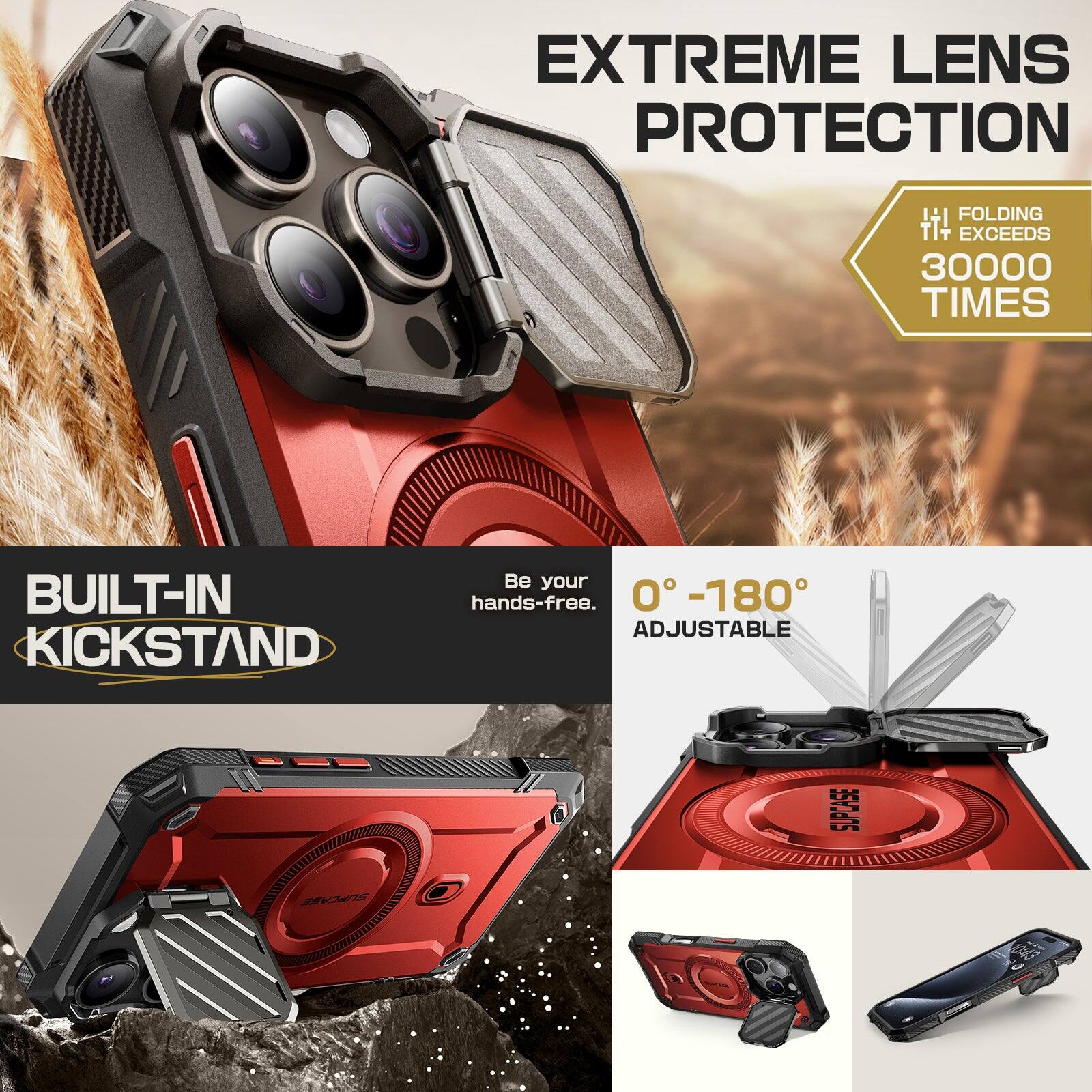 EXTREME LENS PROTECTION +1 FOLDING TT+ EXCEEDS 30000 TIMES BUILT-IN KICKSTAND. Be your hands-free. 0°-180° ADJUSTABLE. SUPCASE.