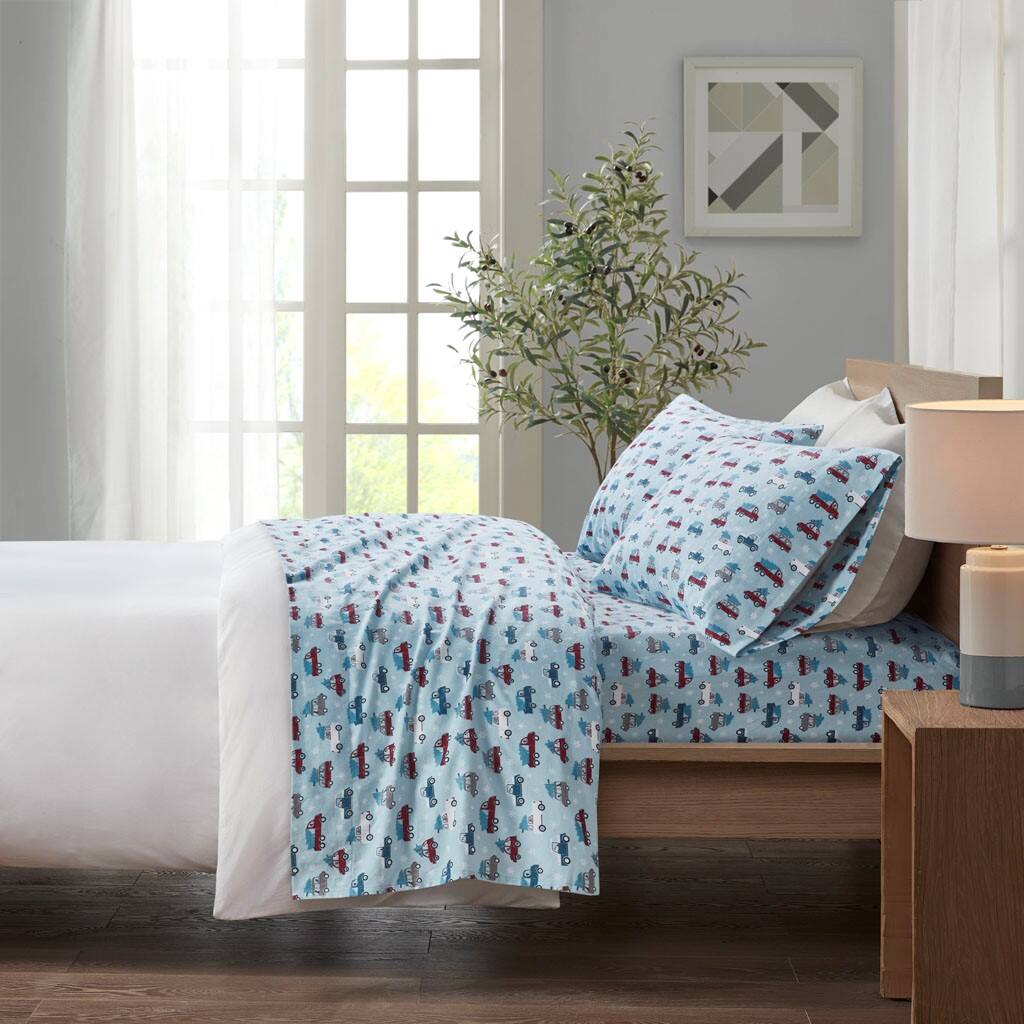 Alt View 1. Gracie Mills - Gracie Mills Persephone Cotton Flannel Sheet Set - Blue Cars.